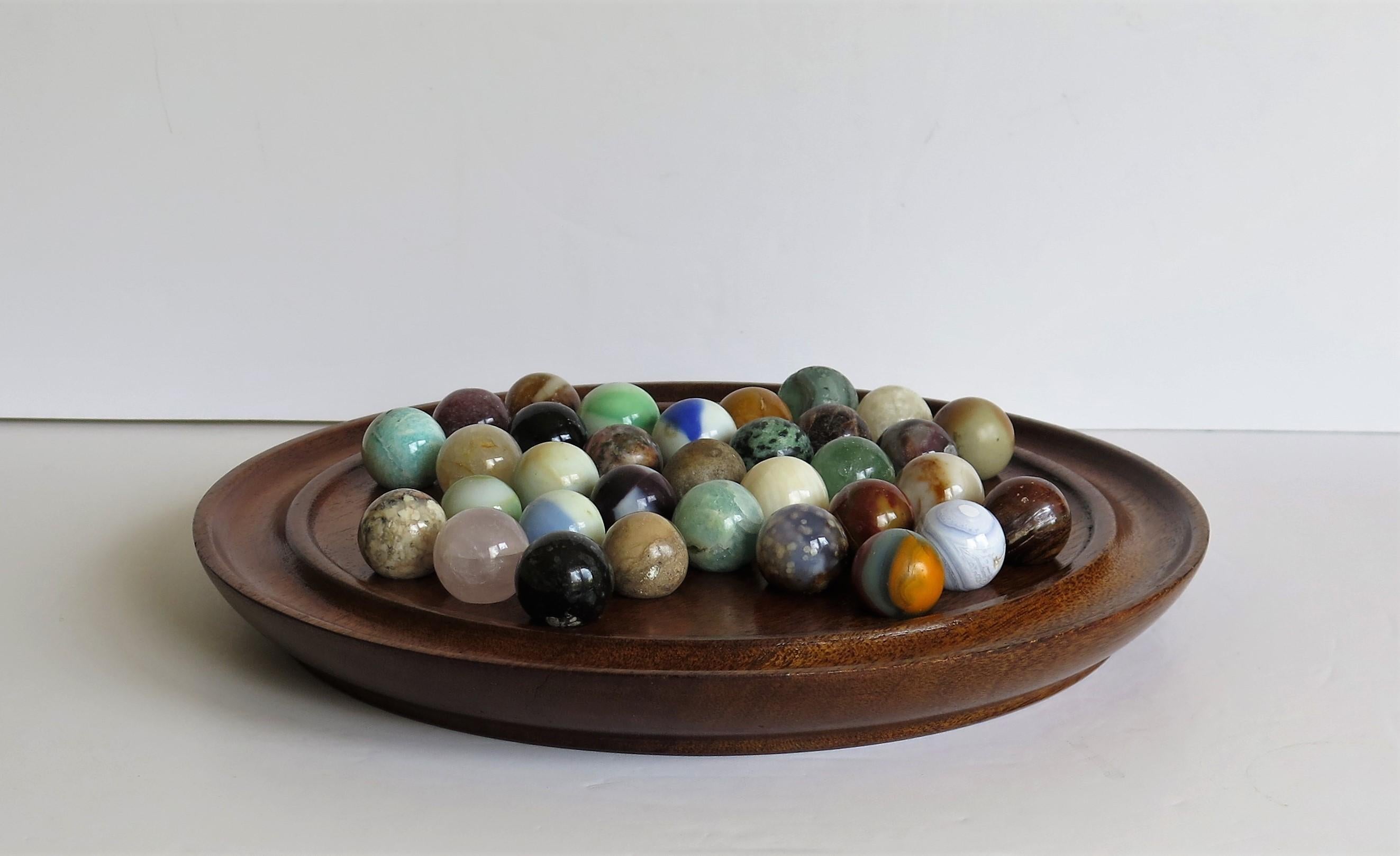 Hand-Crafted Marble Solitaire Game Hardwood Board and 33 Mainly Agate Mineral Stone Marbles