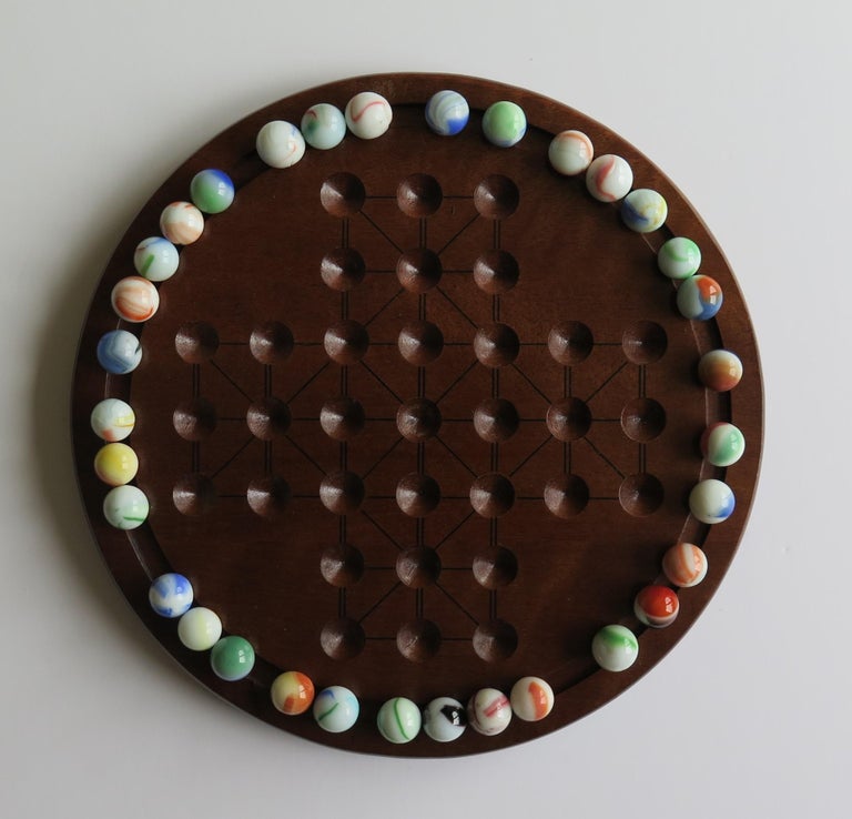 Marble Solitaire Game Hardwood Board with 33 Old Glass swirl Marbles at