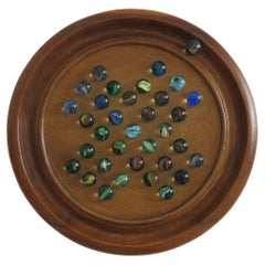 Marble Solitaire Game Hardwood Board with 34 old Glass swirl Marbles, Circa 1930