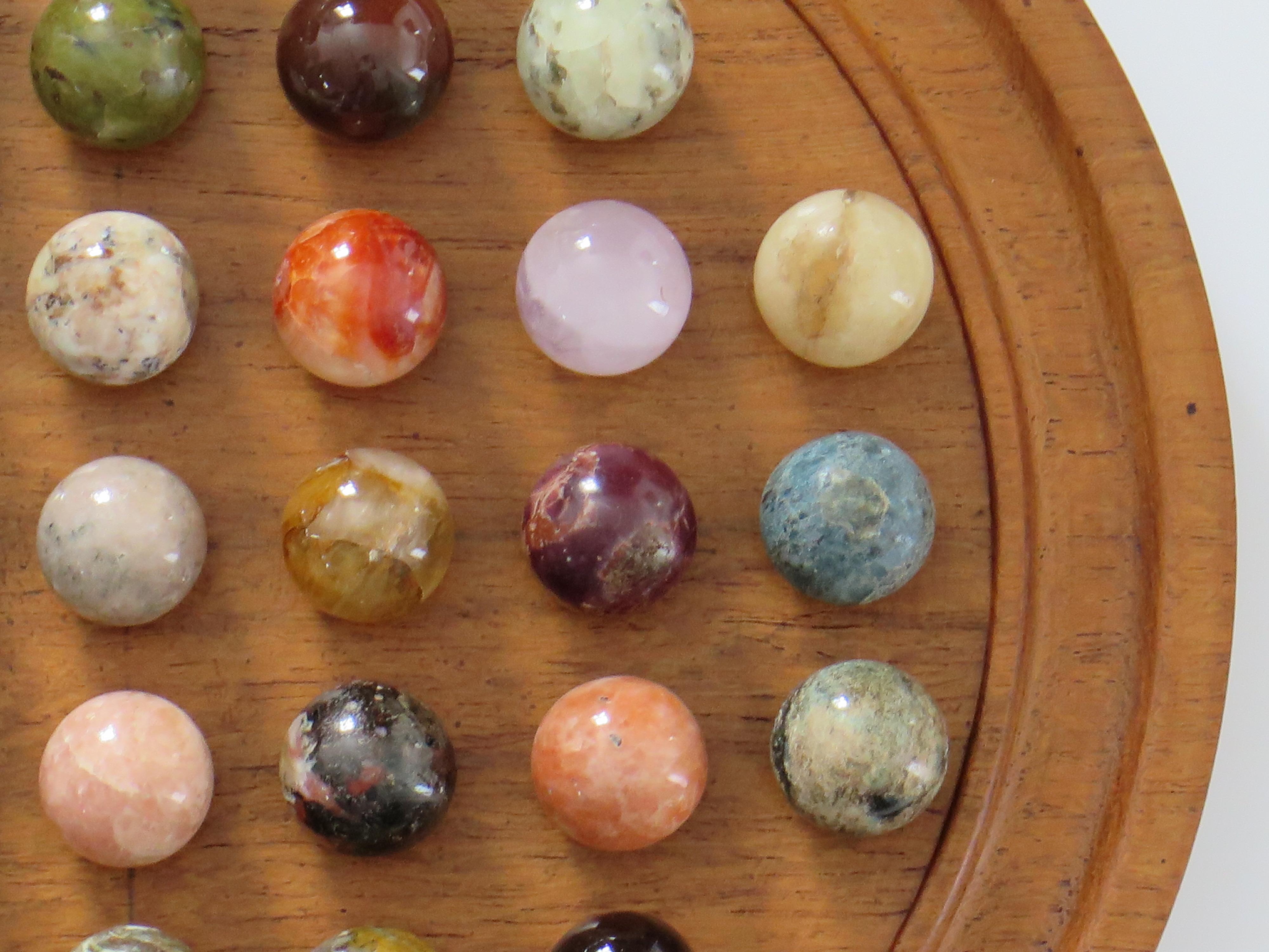 Marble Solitaire Game Hardwood Board with 38 Mineral Stone Marbles, French 1920s 3