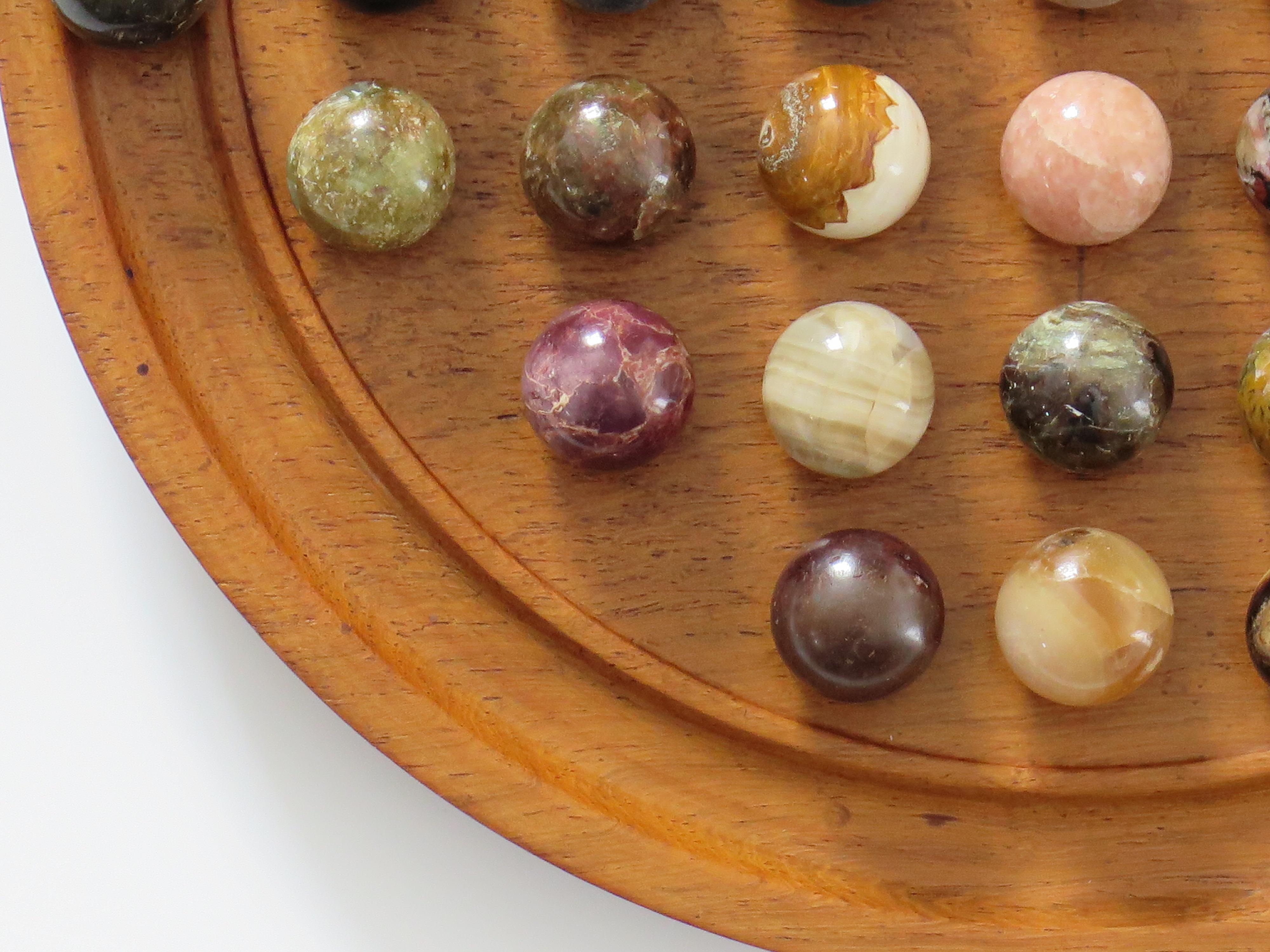Marble Solitaire Game Hardwood Board with 38 Mineral Stone Marbles, French 1920s 5