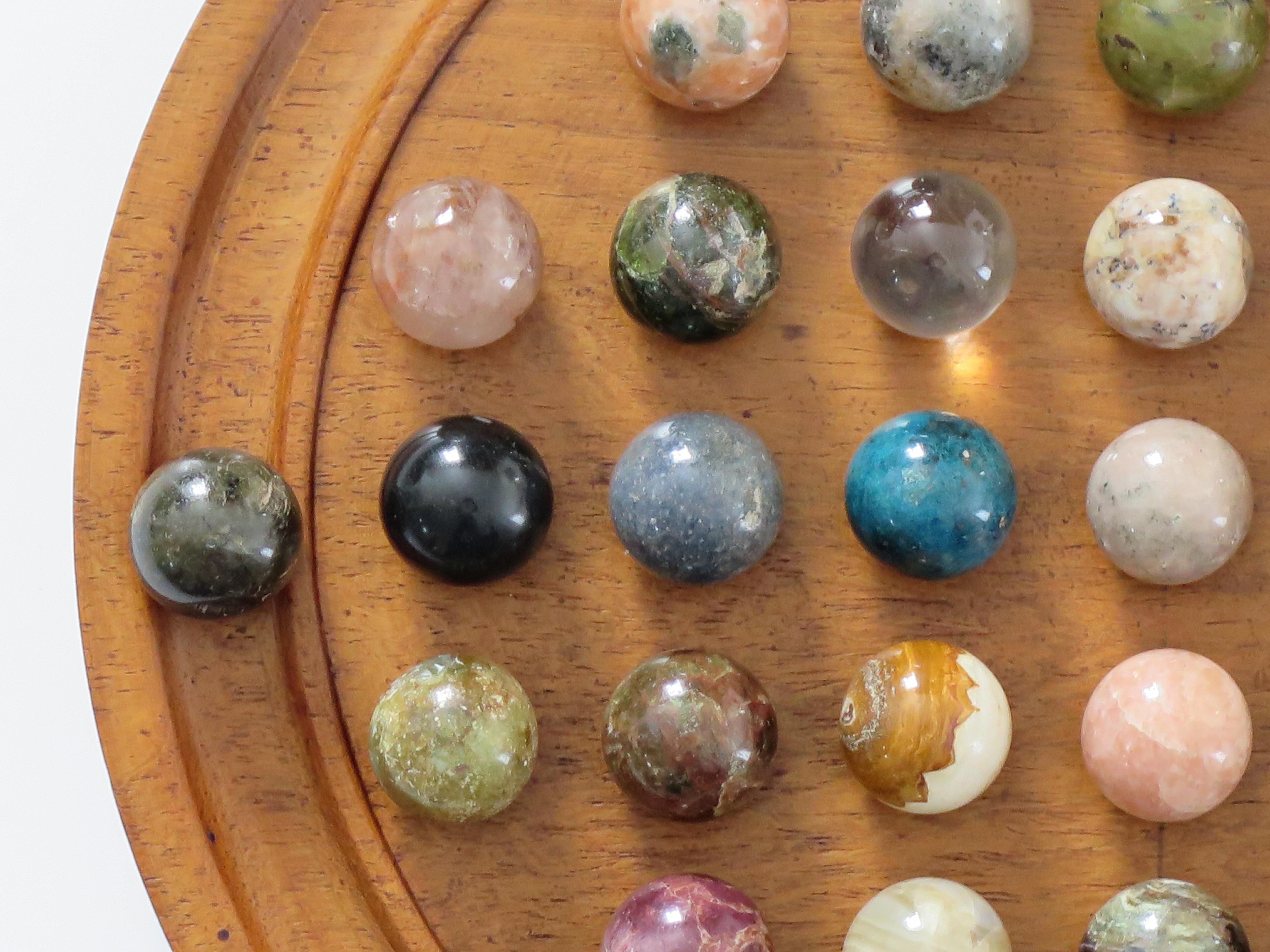 Marble Solitaire Game Hardwood Board with 38 Mineral Stone Marbles, French 1920s 6