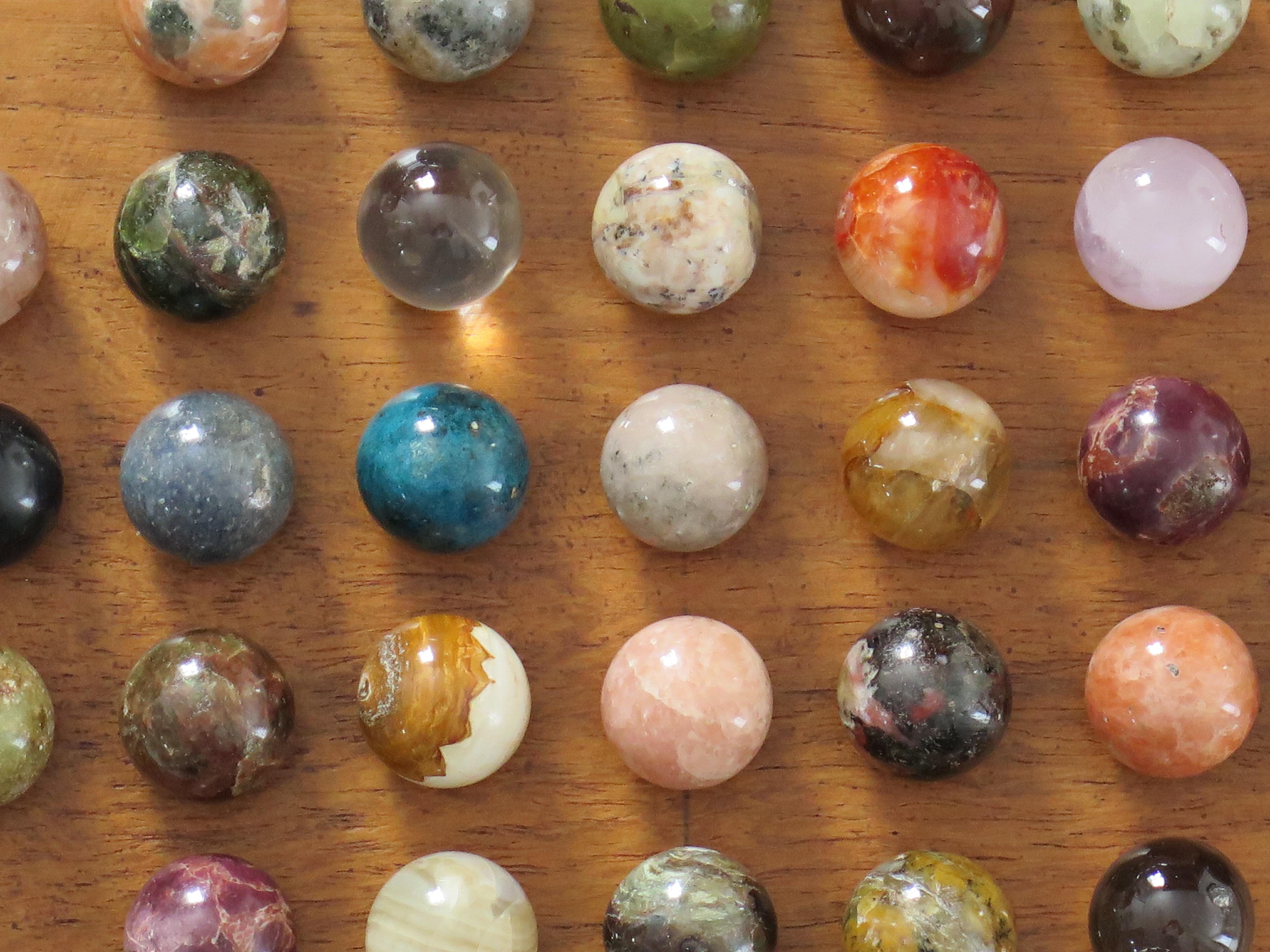Marble Solitaire Game Hardwood Board with 38 Mineral Stone Marbles, French 1920s 7