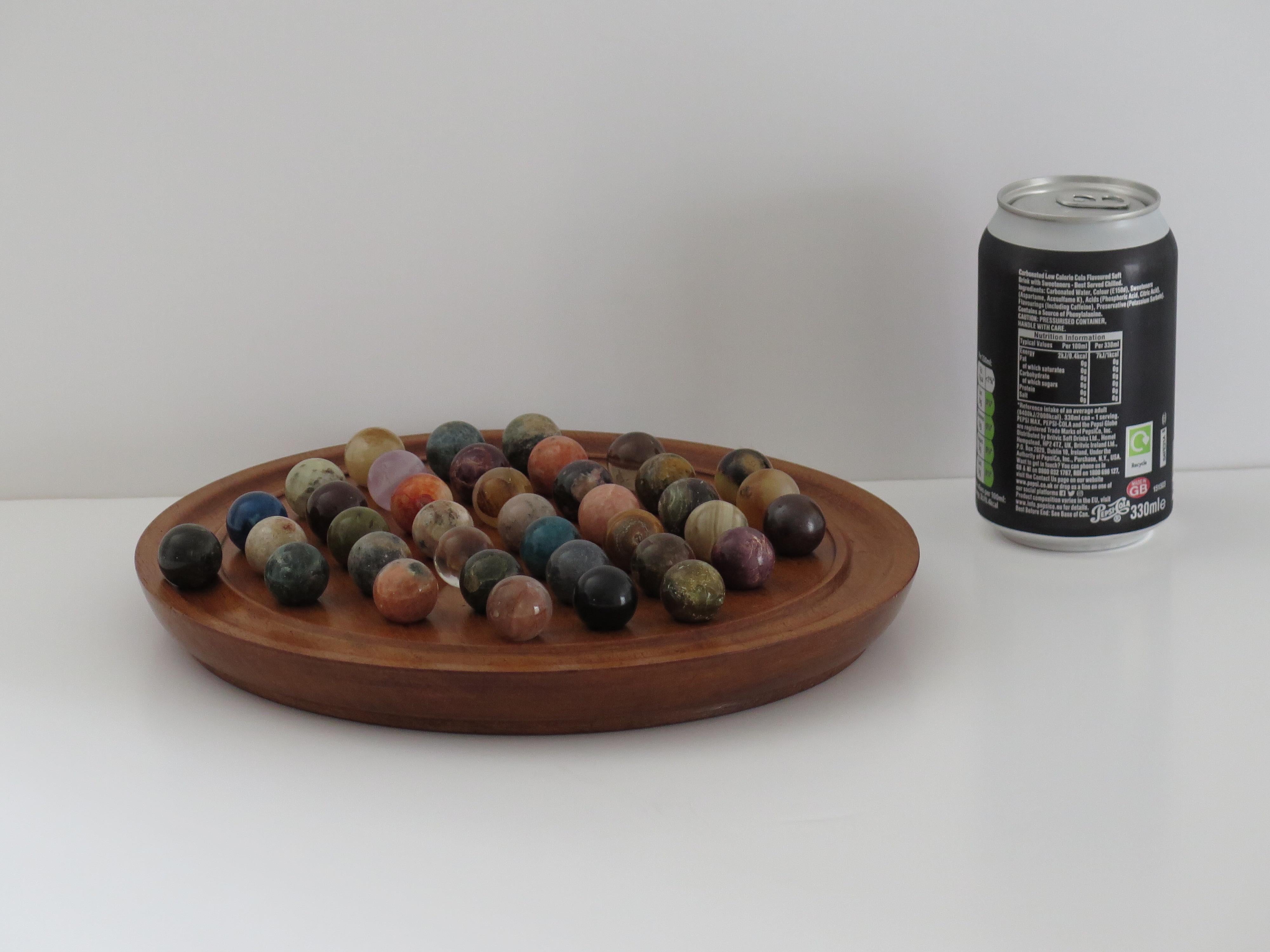 Marble Solitaire Game Hardwood Board with 38 Mineral Stone Marbles, French 1920s 13