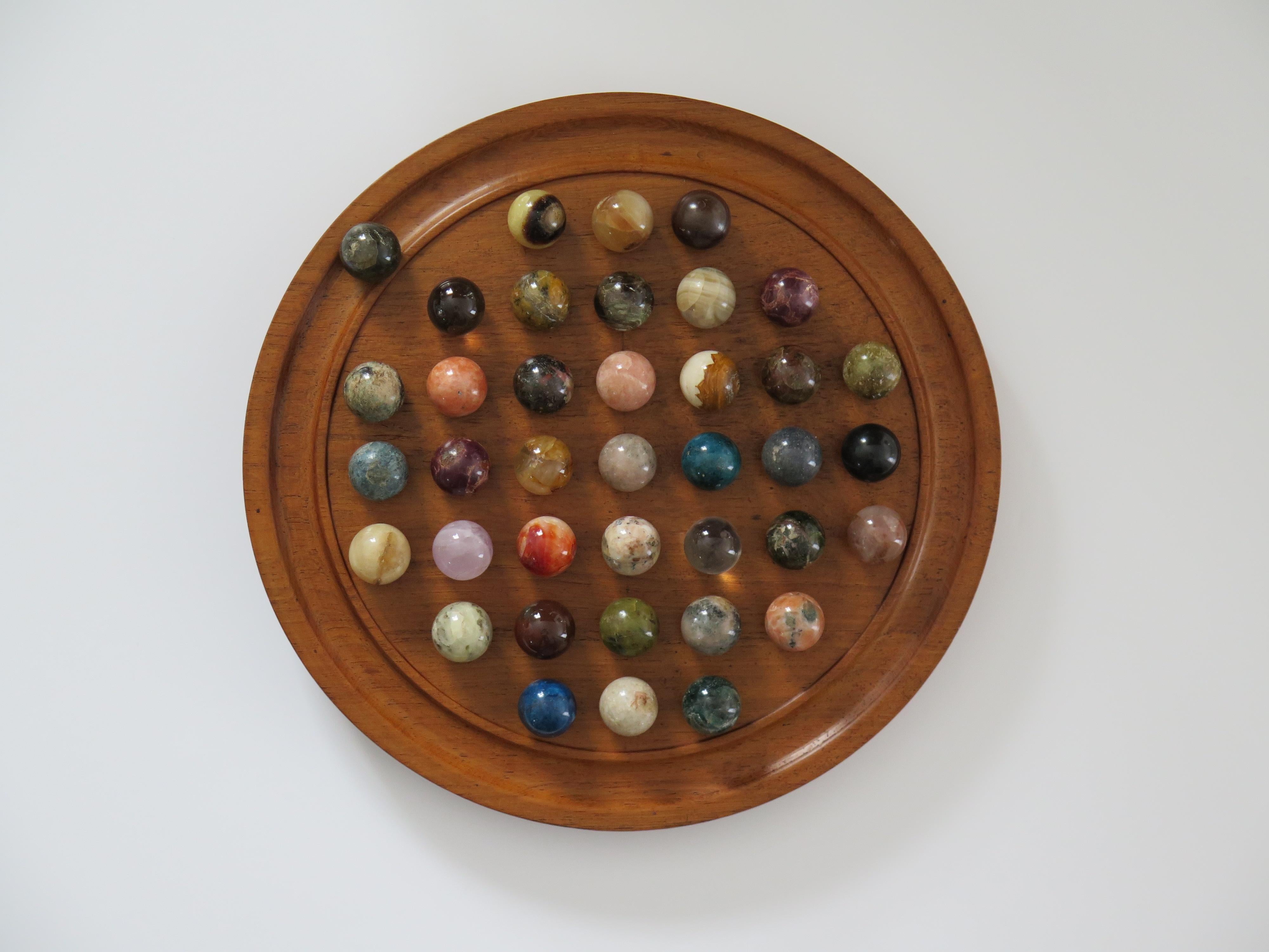Folk Art Marble Solitaire Game Hardwood Board with 38 Mineral Stone Marbles, French 1920s