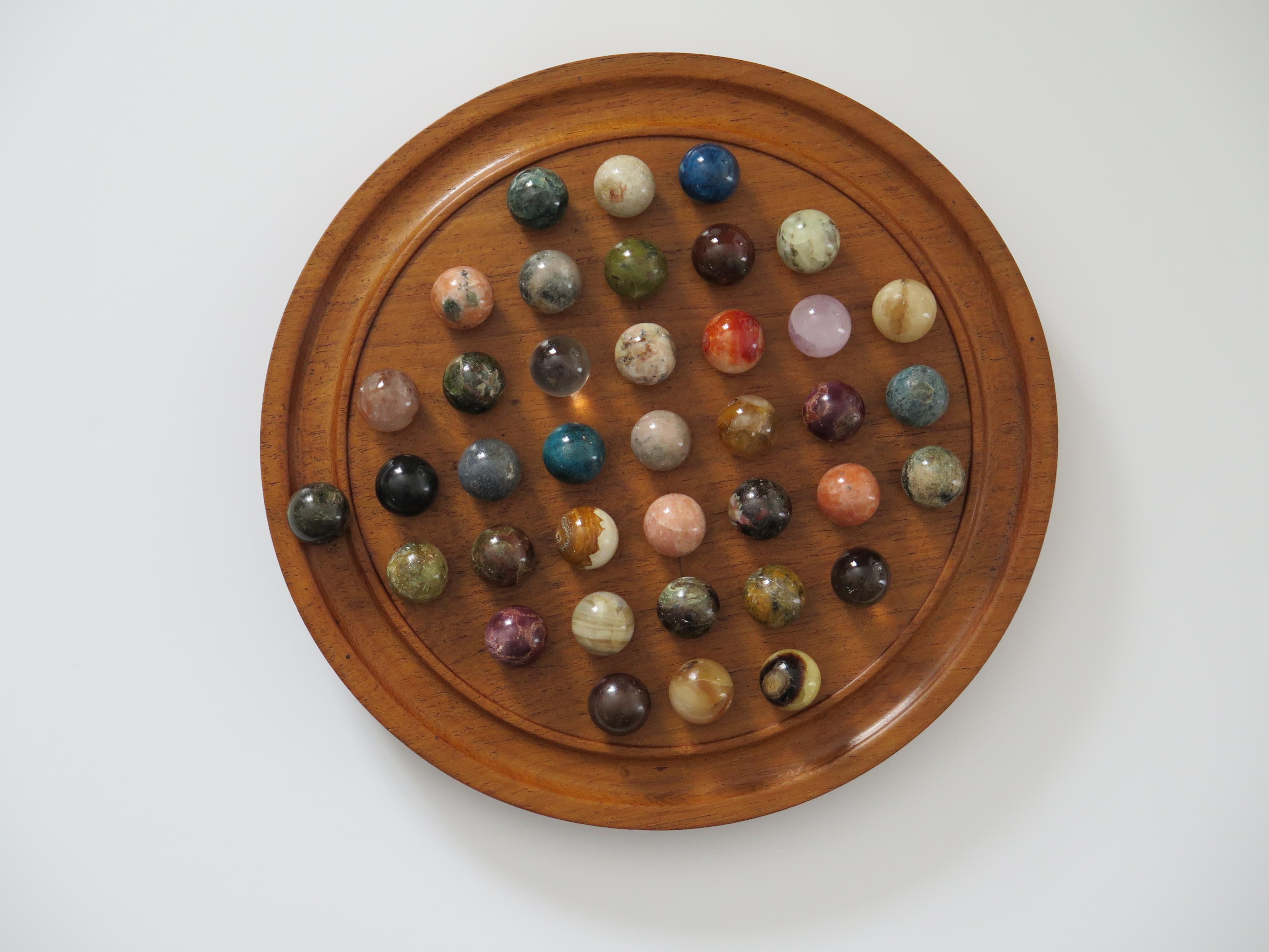 Agate Marble Solitaire Game Hardwood Board with 38 Mineral Stone Marbles, French 1920s