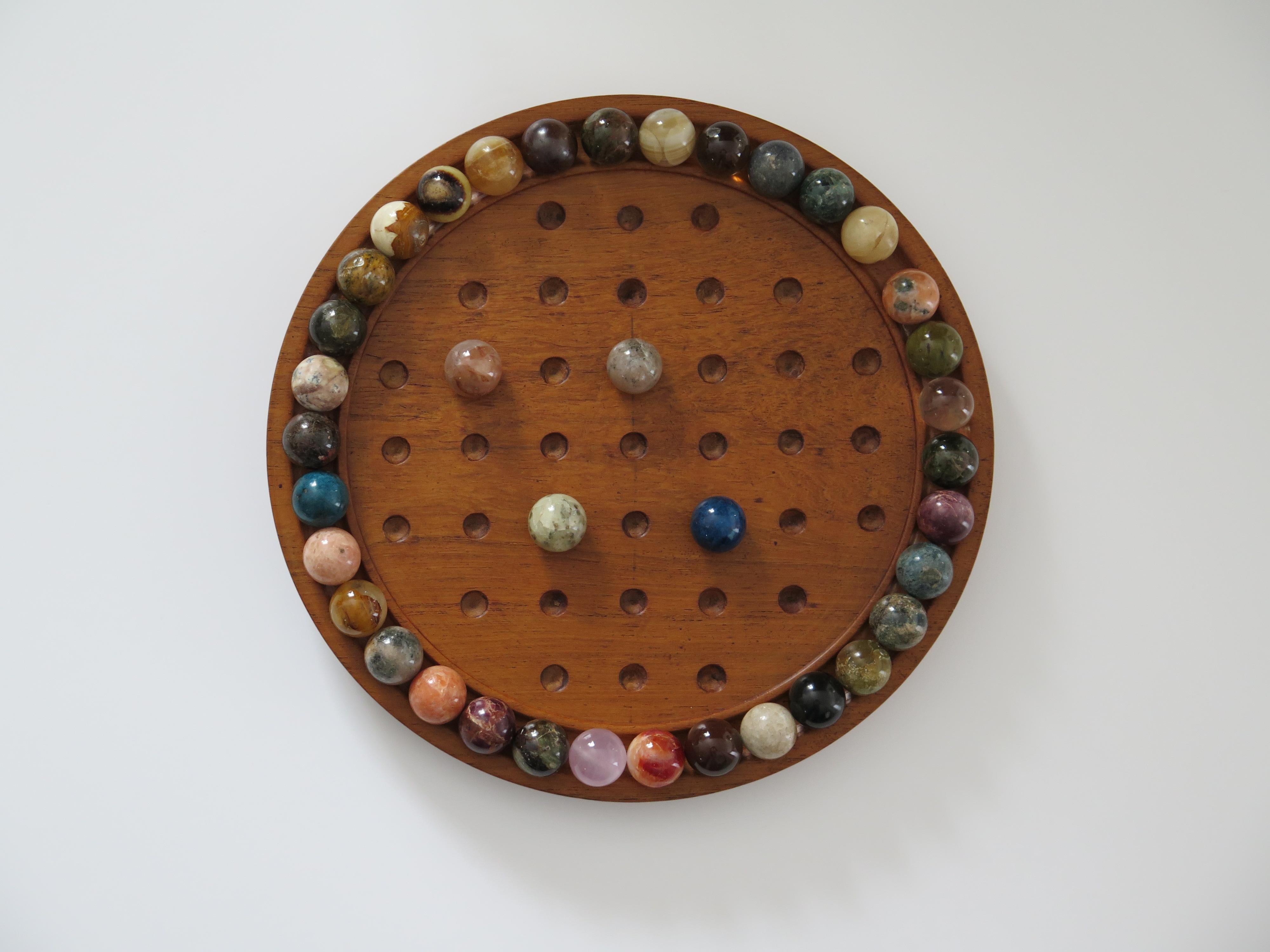 Marble Solitaire Game Hardwood Board with 38 Mineral Stone Marbles, French 1920s 1