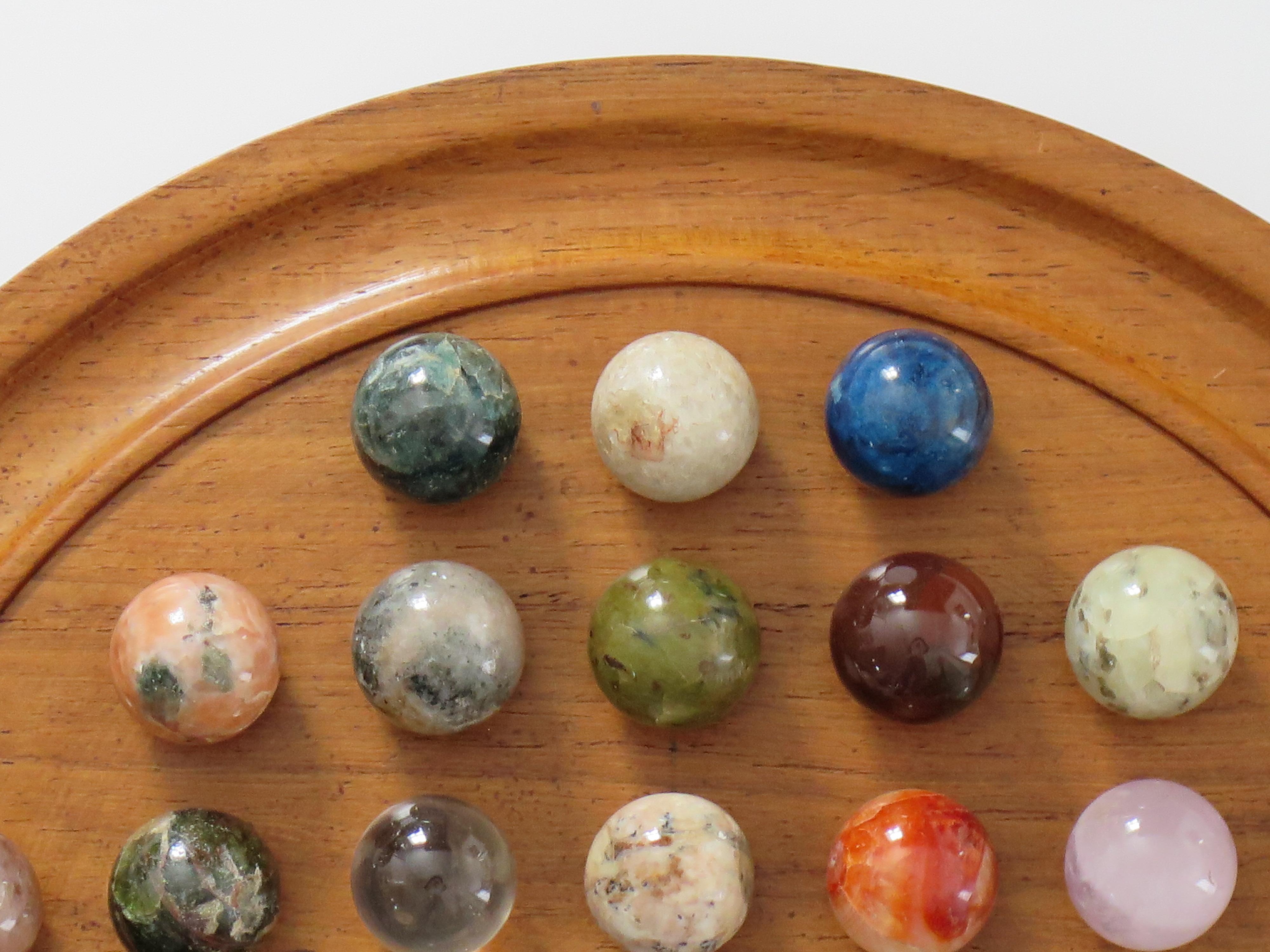 Marble Solitaire Game Hardwood Board with 38 Mineral Stone Marbles, French 1920s 2