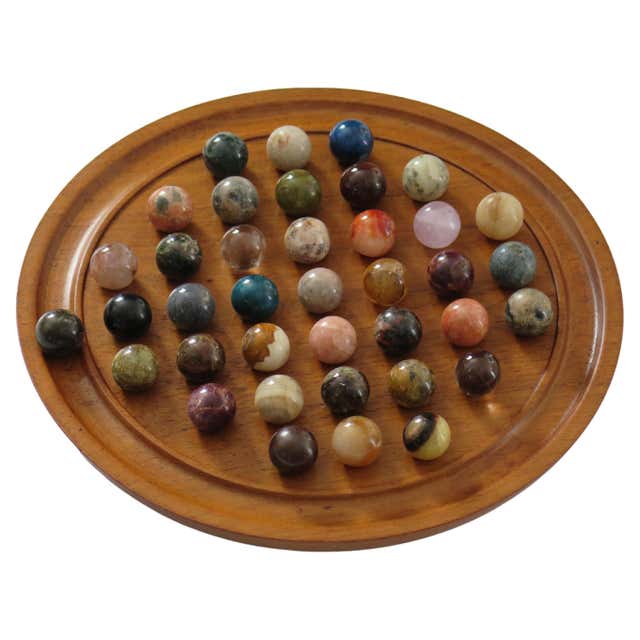 Large Table Marble Solitaire Game with 36 Mineral Stone Marbles, circa ...