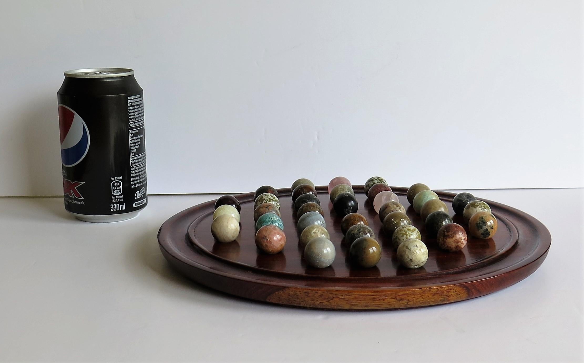 Marble Solitaire Game Polished Hardwood Board 36 Agate Stone Marbles, circa 1915 8