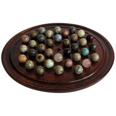 Antique Marble Solitaire Game Polished Hardwood Board 36 Agate Stone Marbles, circa 1915