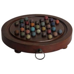 Marble Solitaire Hardwood Board with Hanging Ring 33 Clay Marbles, circa 1860