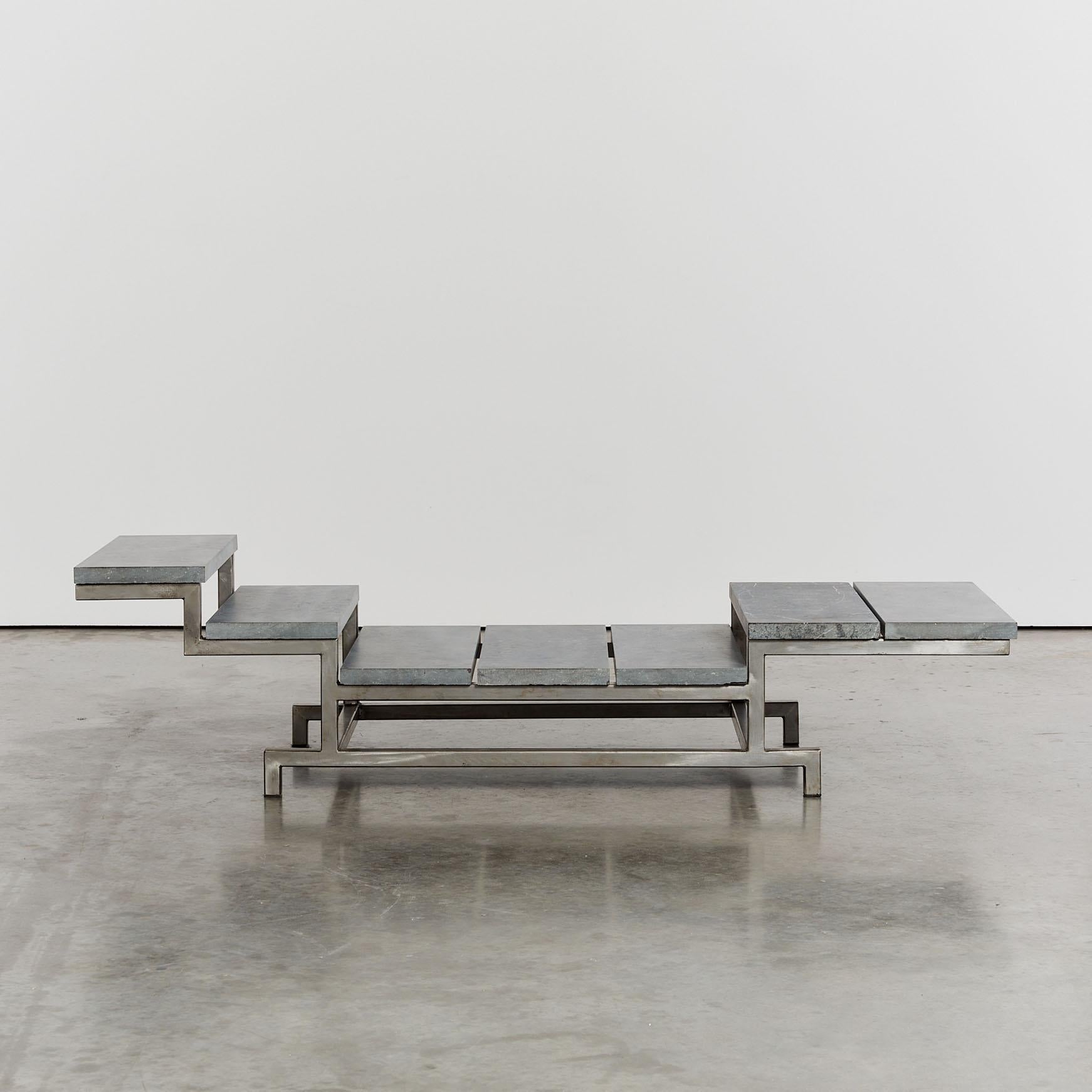 Hand crafted from German steel, the 'Contemplation' daybed by German artist/designer Christoph R Siebrasse features his signature cubist steel framing with marble slabs and a generous felt cover. First designed in 1988, Contemplation is one of five