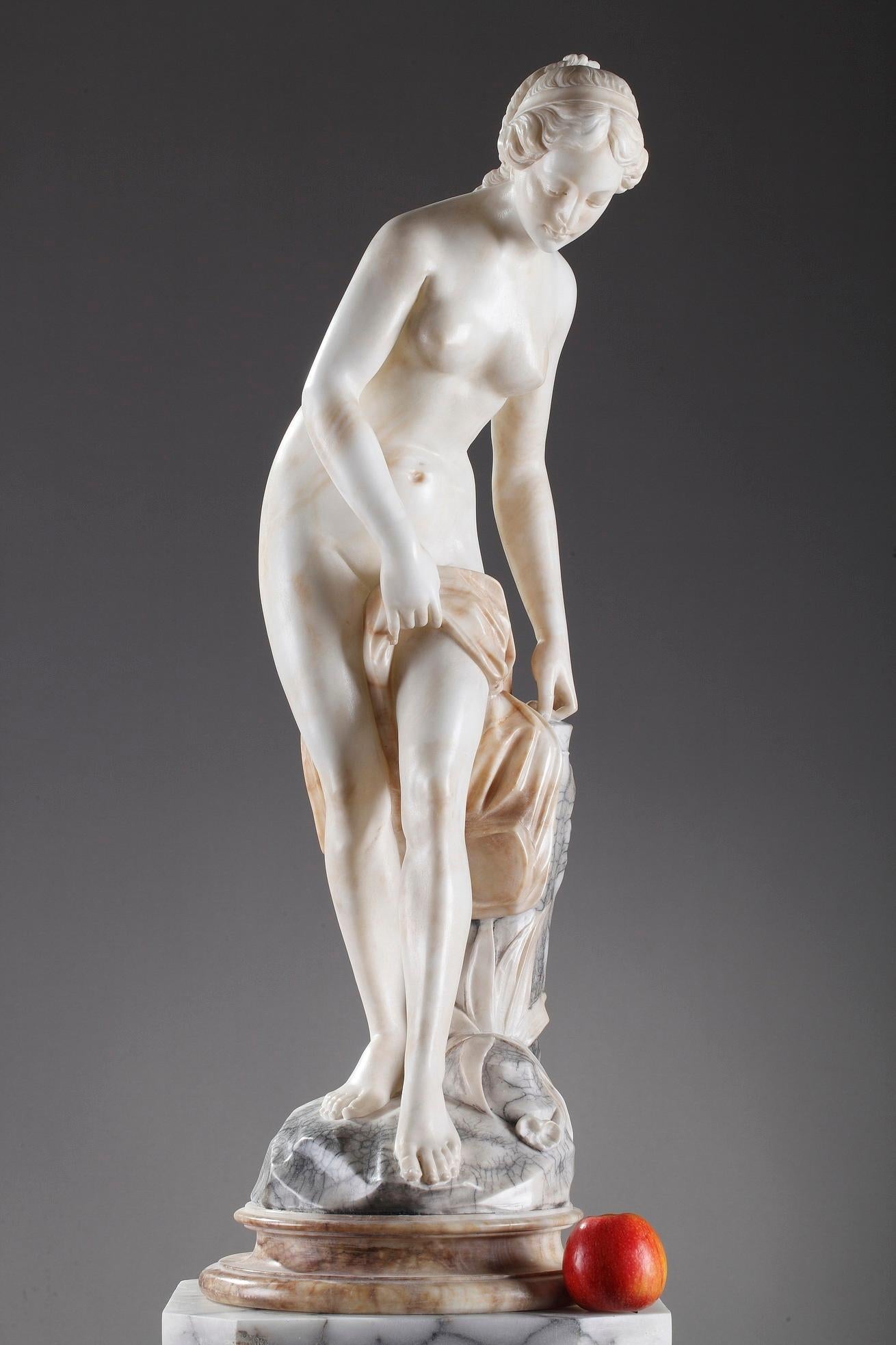 For this marble statue Nymph going in the bath, Etienne-Maurice Falconet (French, 1716-1791) was inspired by the Bather painted in 1724 by François Lemoyne. The French sculptor captures the moment before the bath, when the young woman advances