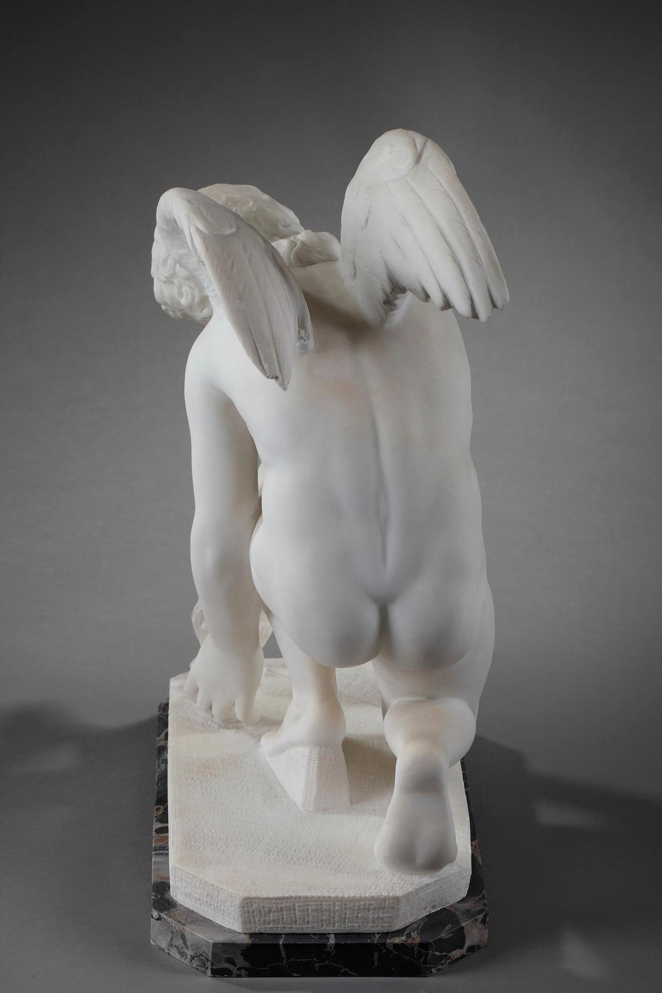 French Marble Statue Cupid Playing with a Butterfly