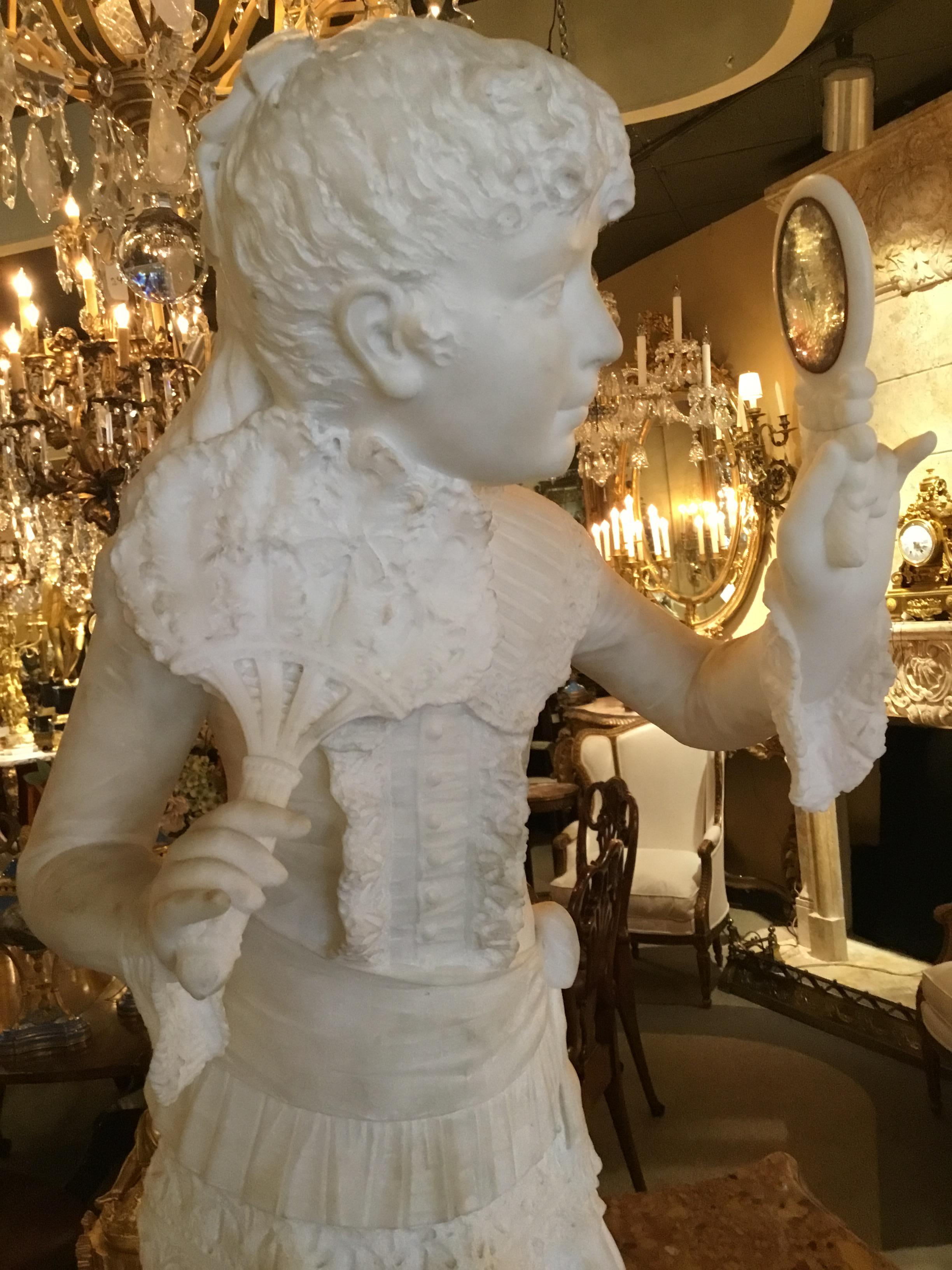 Hand-Carved Marble Statue of a Young Girl, circa 1870, Italian