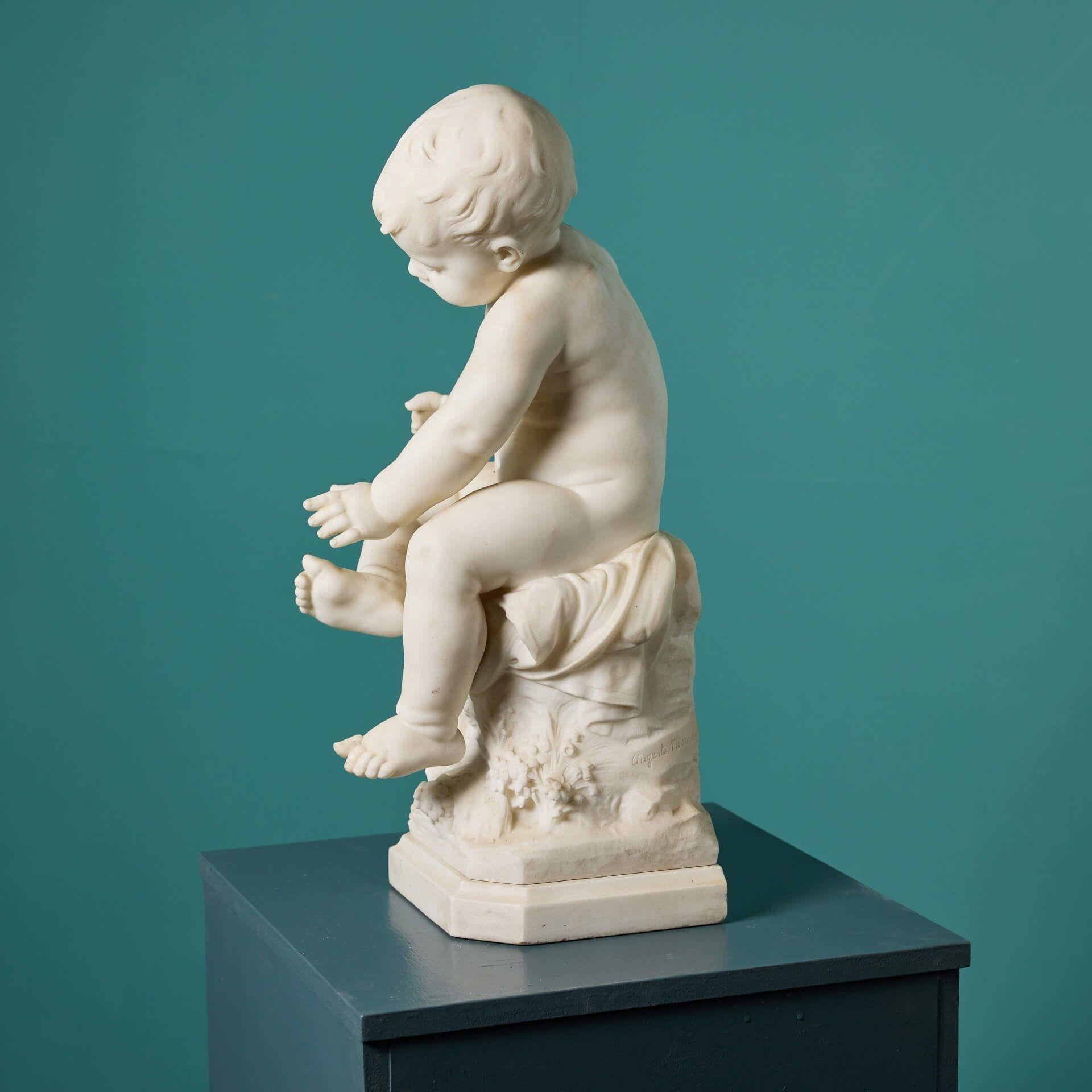 Statue en marbre d'Auguste Moreau sur un piédestal en bois dur ébénisé en vente 3