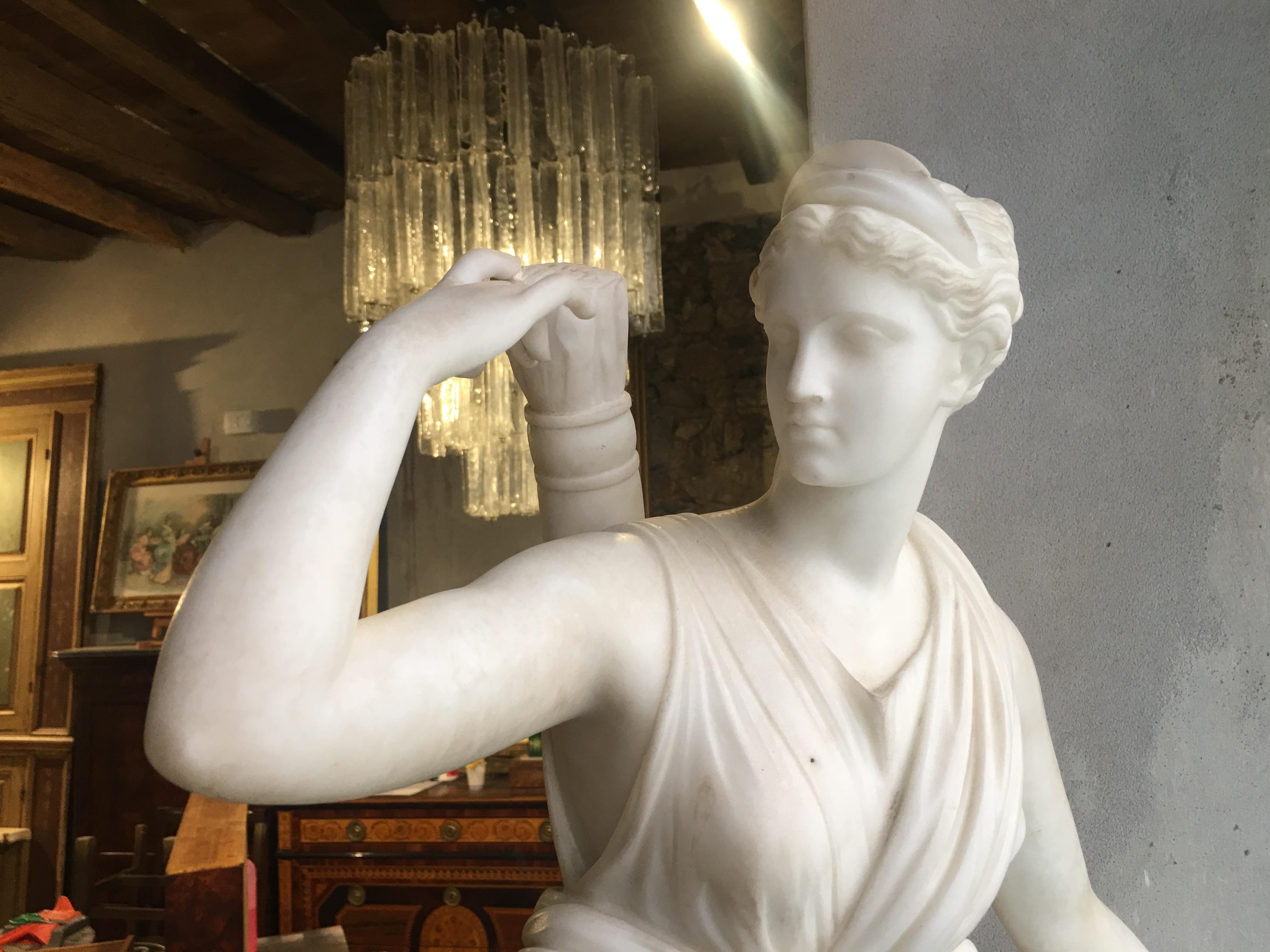 This marble statue made in Massa Carrara circa 1850 is a piece of refined beauty in sober neoclassical style.

Diana is a Roman goddess of the hunt, the moon, and nature, associated with wild animals and woodland. She is equated with the Greek