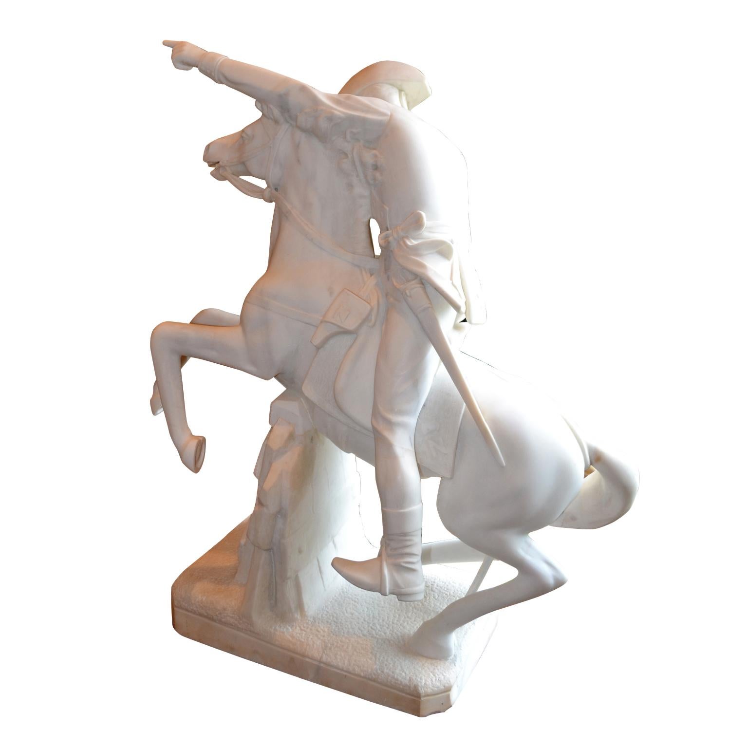 A rare late 19th century marble statue of Napoleon on horseback crossing the Alps (also known as Napoleon at the Saint-Bernard Pass or Bonaparte Crossing the Alps) after the famous painting by Jacques Louis David in 1801, now displayed in the Louvre