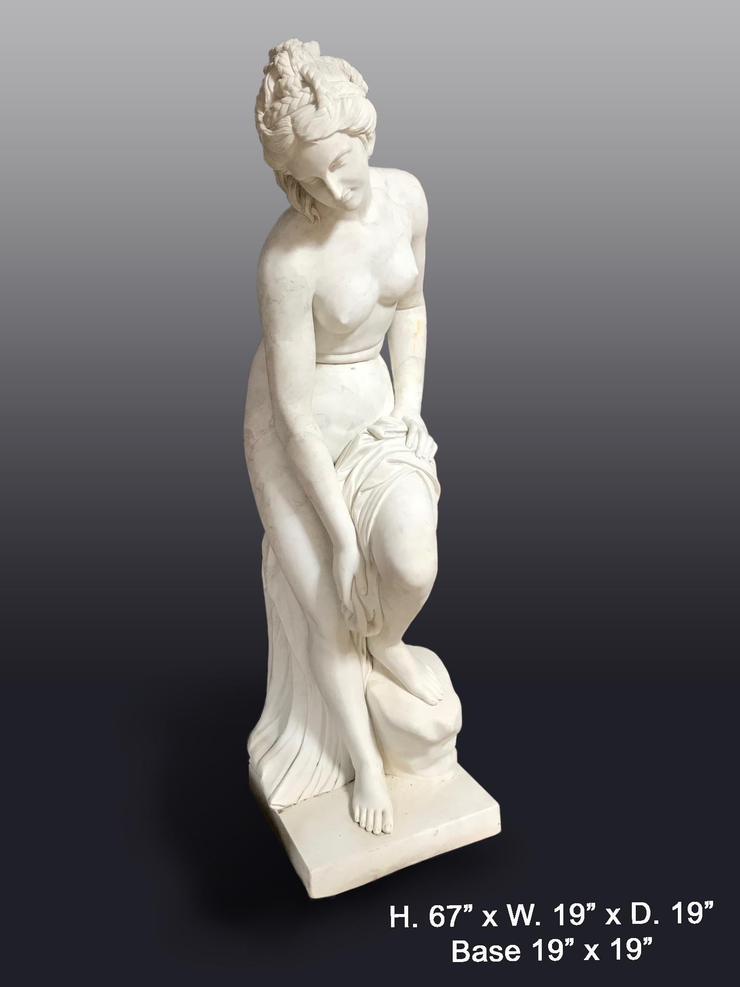 Extraordinary life size French carved white marble figure of nude Diana after bath, second half of the 20th century. After a model from Etienne Maurice Falconet (1716-1791).
Meticulous attention has been given to every detail, her innocent state