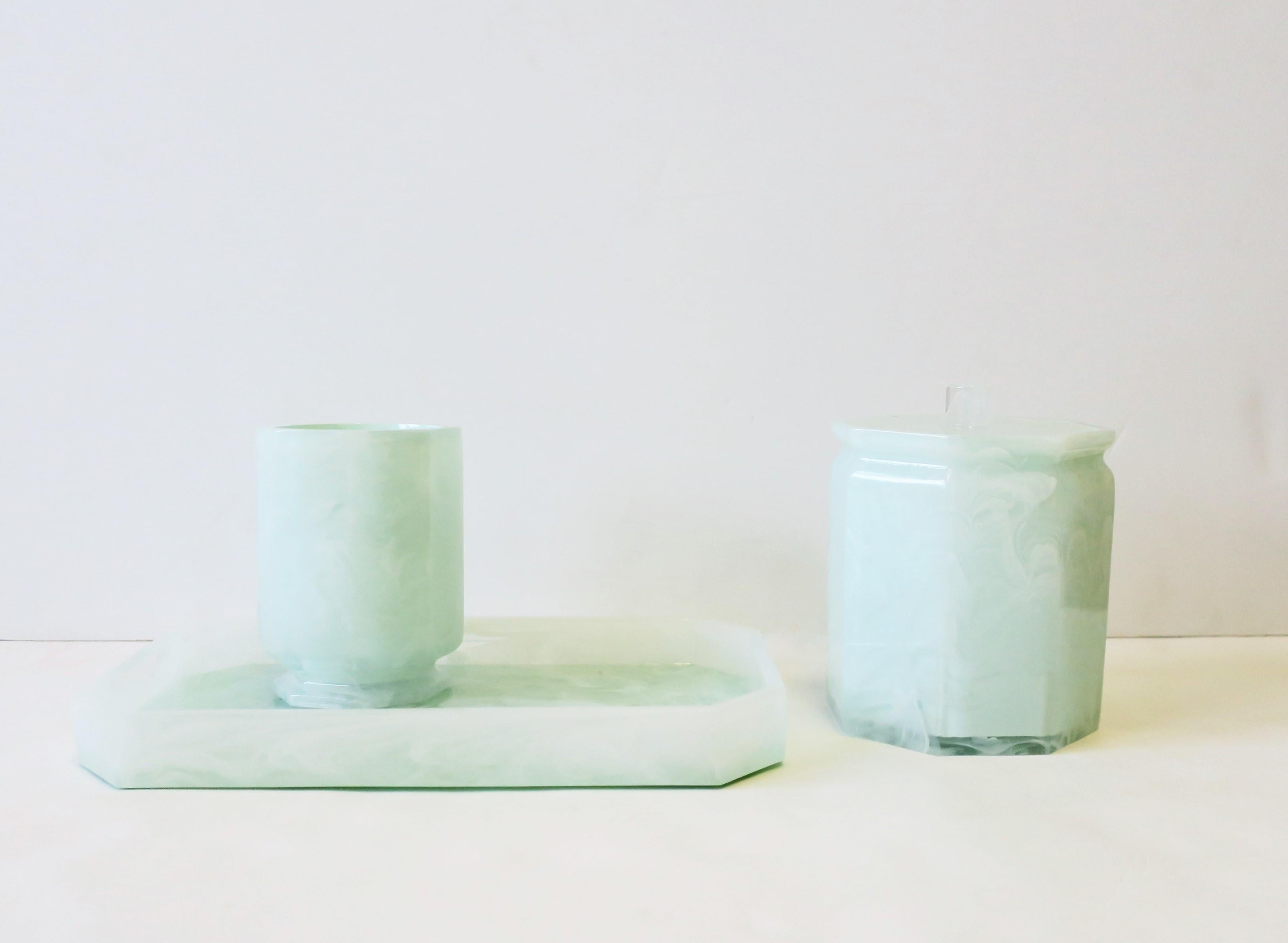 Marble Acrylic Desk or Vanity Tray Box Set in White and Mint Green 10