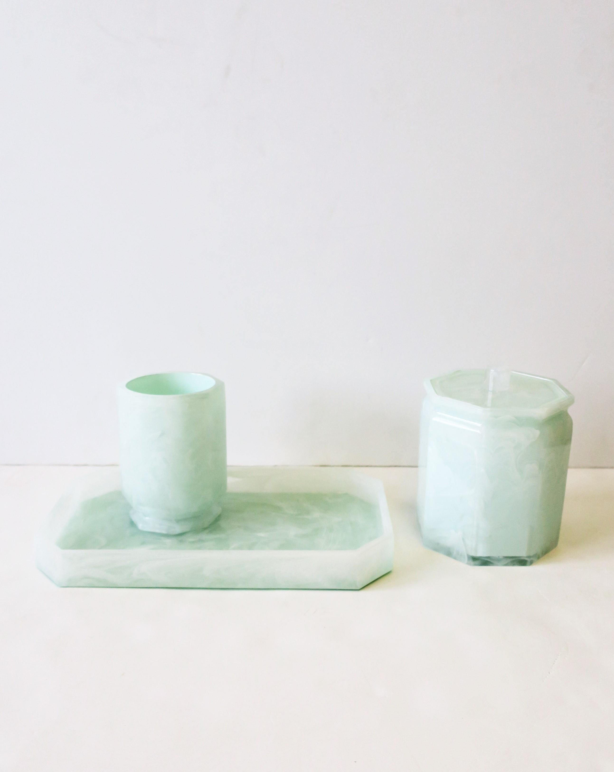 A beautiful marble style octagonal shaped acrylic bathroom vanity or desk tray set in white and light or 'mint' green. Pieces are in the style of modern. There are three (3) pieces to this set; tray, cup, and box vessel. These 3 piece are versatile;