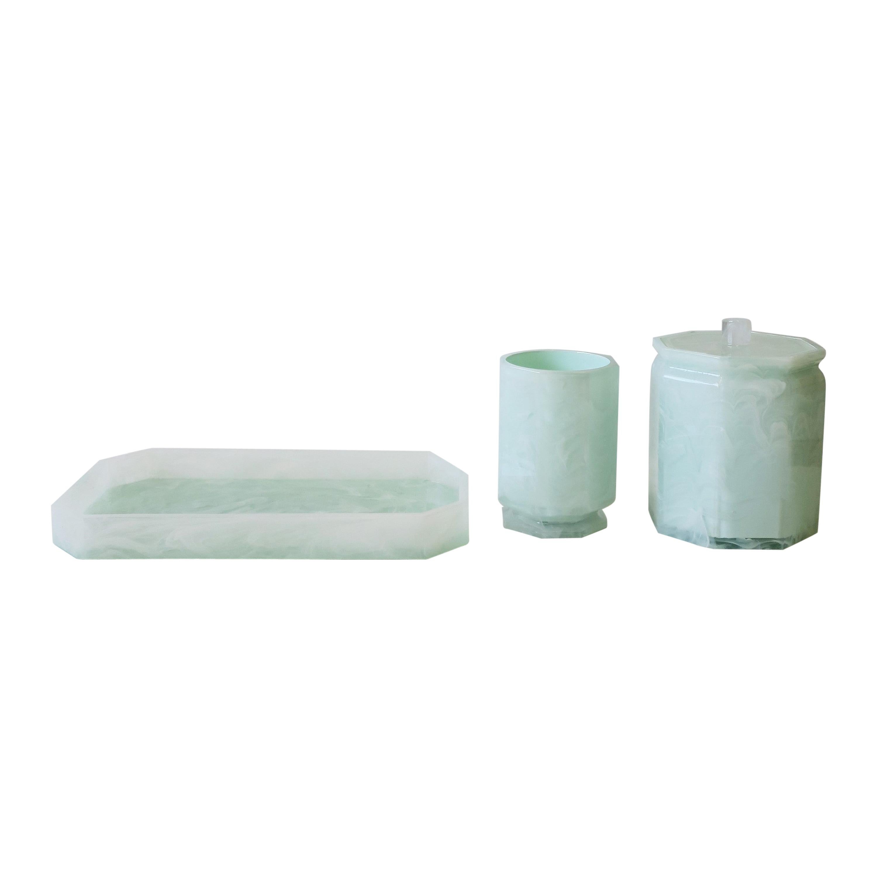 Marble Acrylic Desk or Vanity Tray Box Set in White and Mint Green