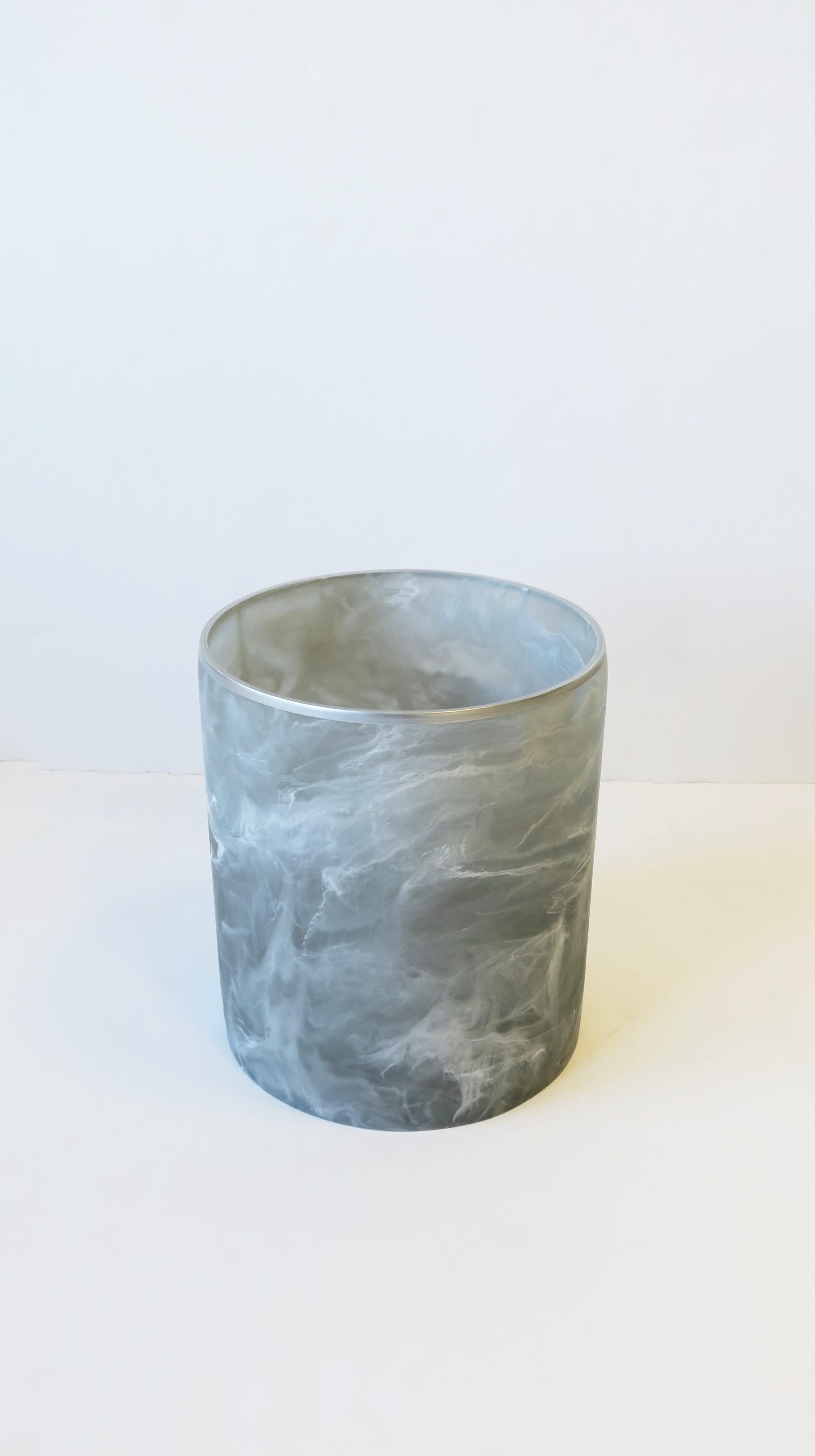 Contemporary Marble Style Acrylic Wastebasket or Trash Can in Grey and White