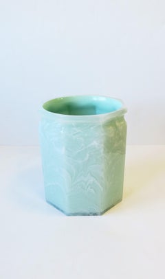Marble Style Wastebasket or Trash Can in White and Green