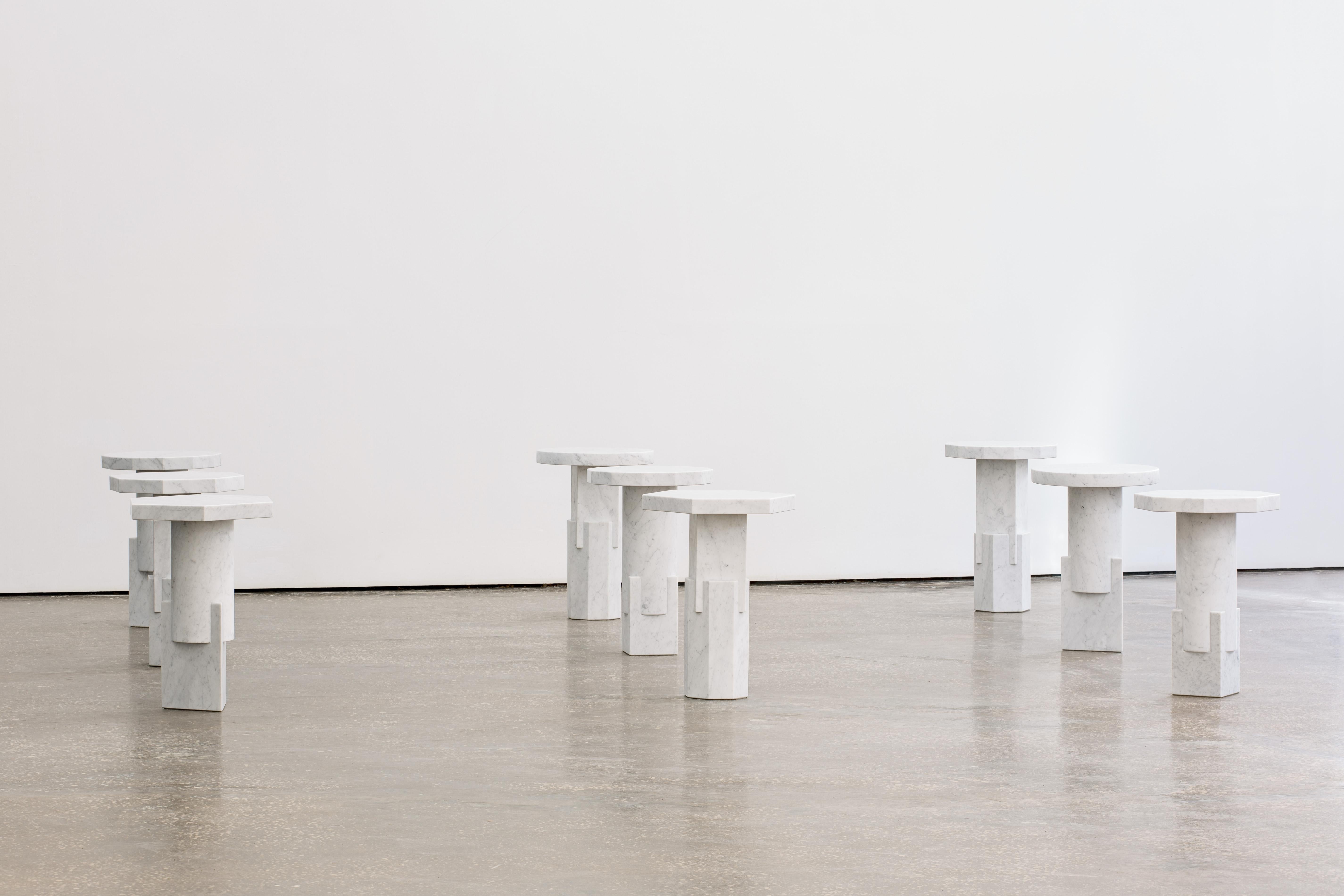 Marble Stylos side table by Oeuffice
One-off edition of 9 individually unique tables
2016
Materials: White Carrara marble
Dimensions: L 40 x W 40 x H 60 cm

One-off edition of 9 individually unique tables. Kapital is a series of limited