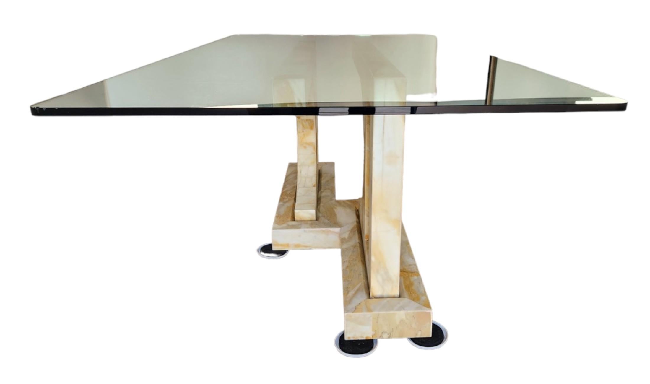 A rare commissioned marble table base designed and fabricated by Paul Puccio for a New York Upper East Side client signed and dated 1976.
The base is made from Marble Giallo Siena one of the most beautiful, prestigious and detailed marbles that are