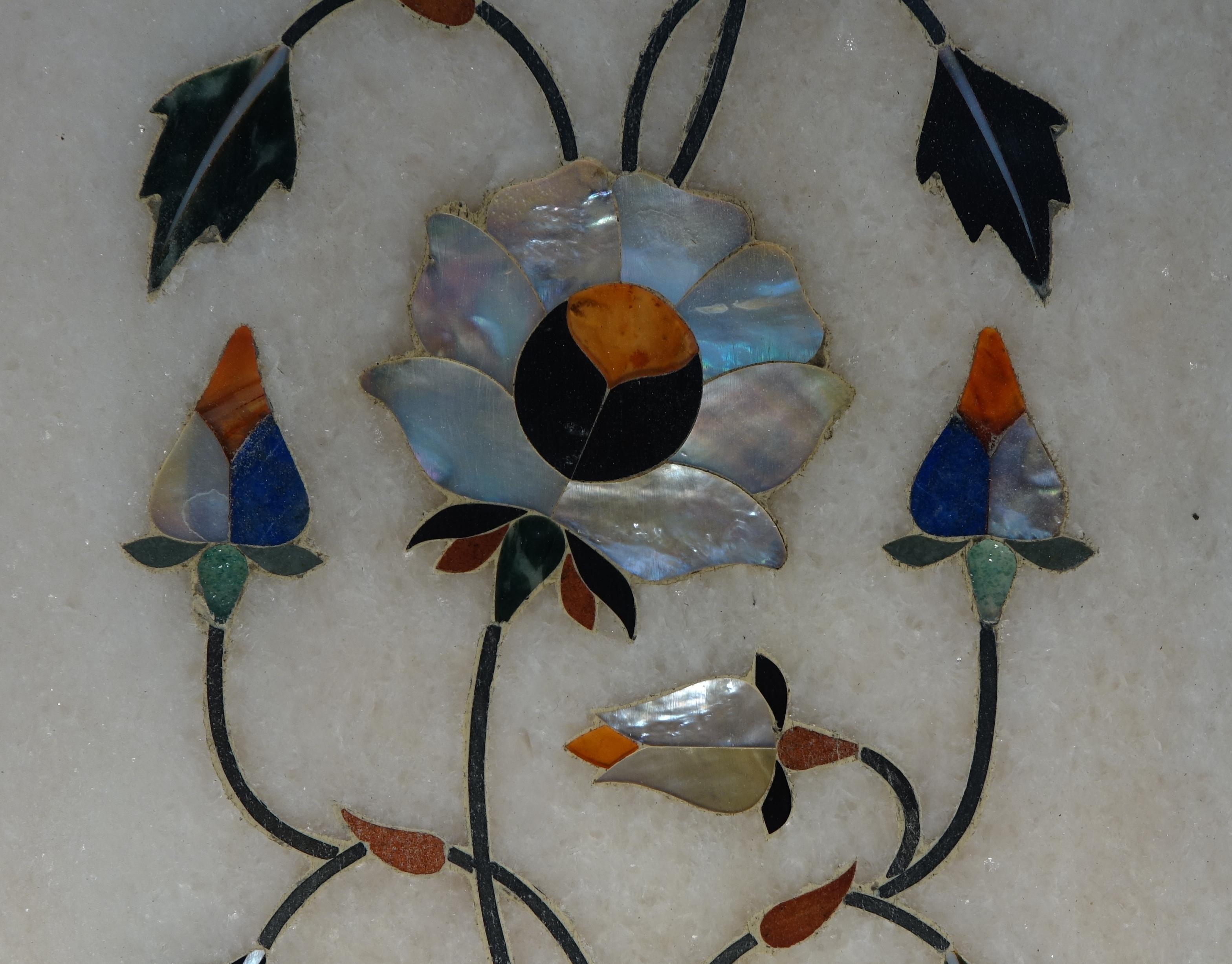 Marble Table Top, Inlaid with Mother-of-Pearl, Lapis and Semi-Precious Stones For Sale 3