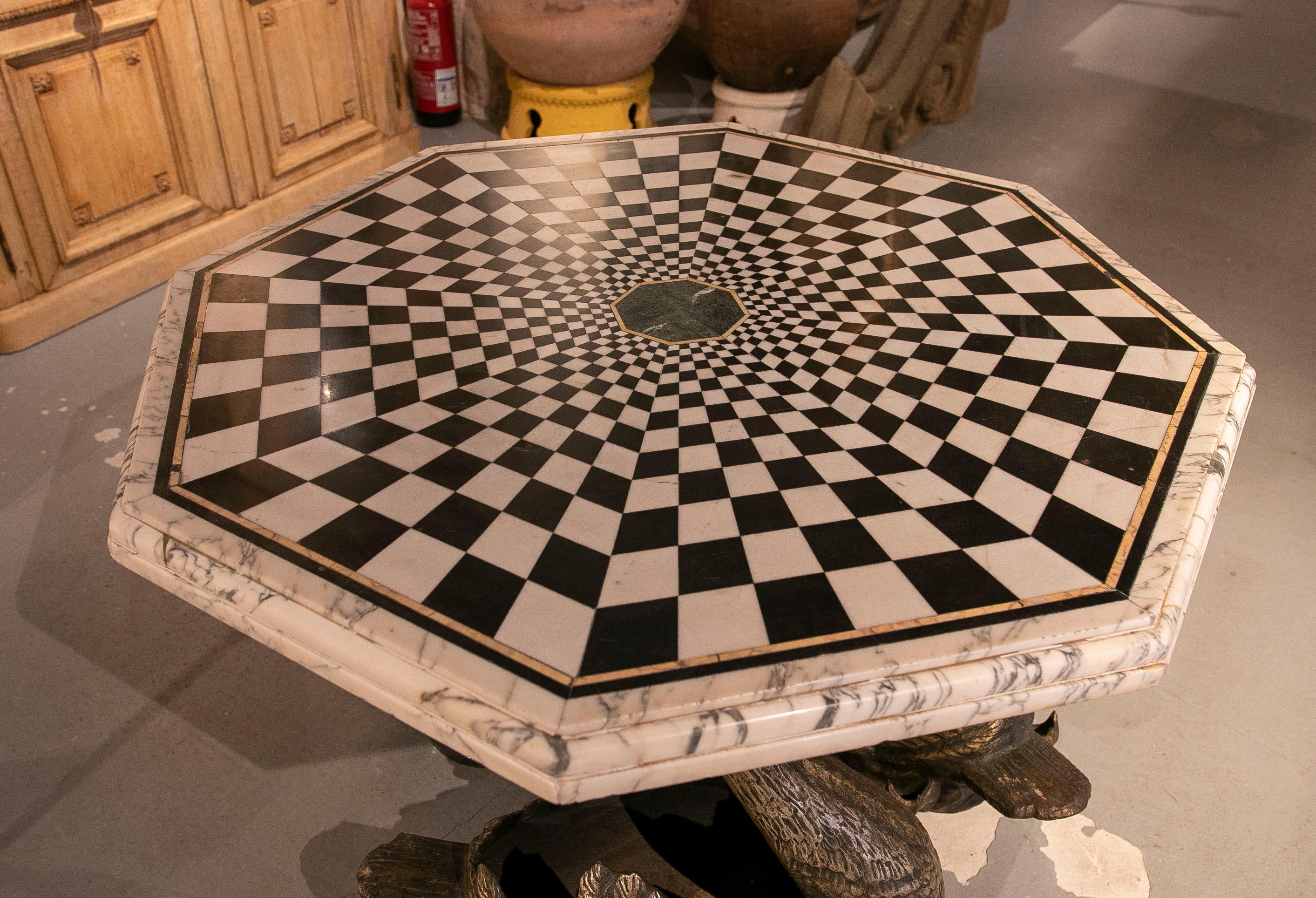Italian Marble Table with Geometrical Stone Inlay and Bases 