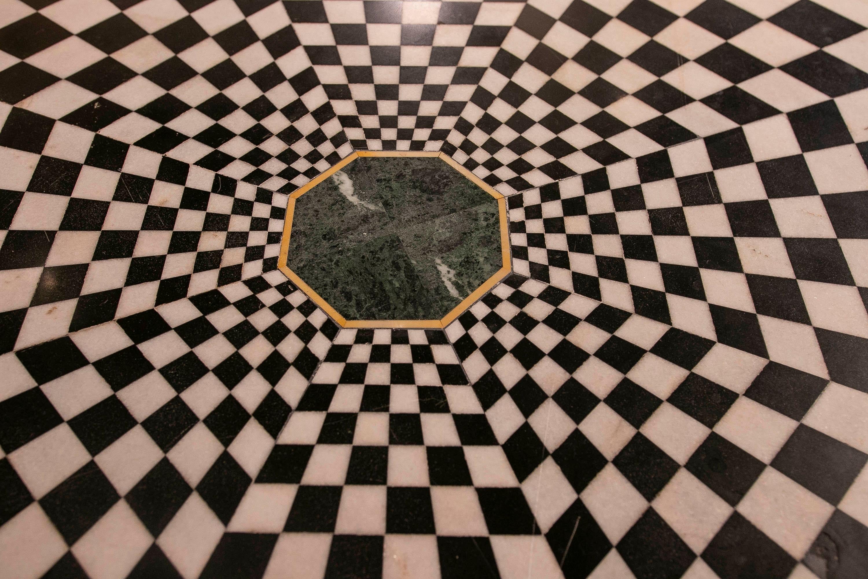 20th Century Marble Table with Geometrical Stone Inlay and Bases 