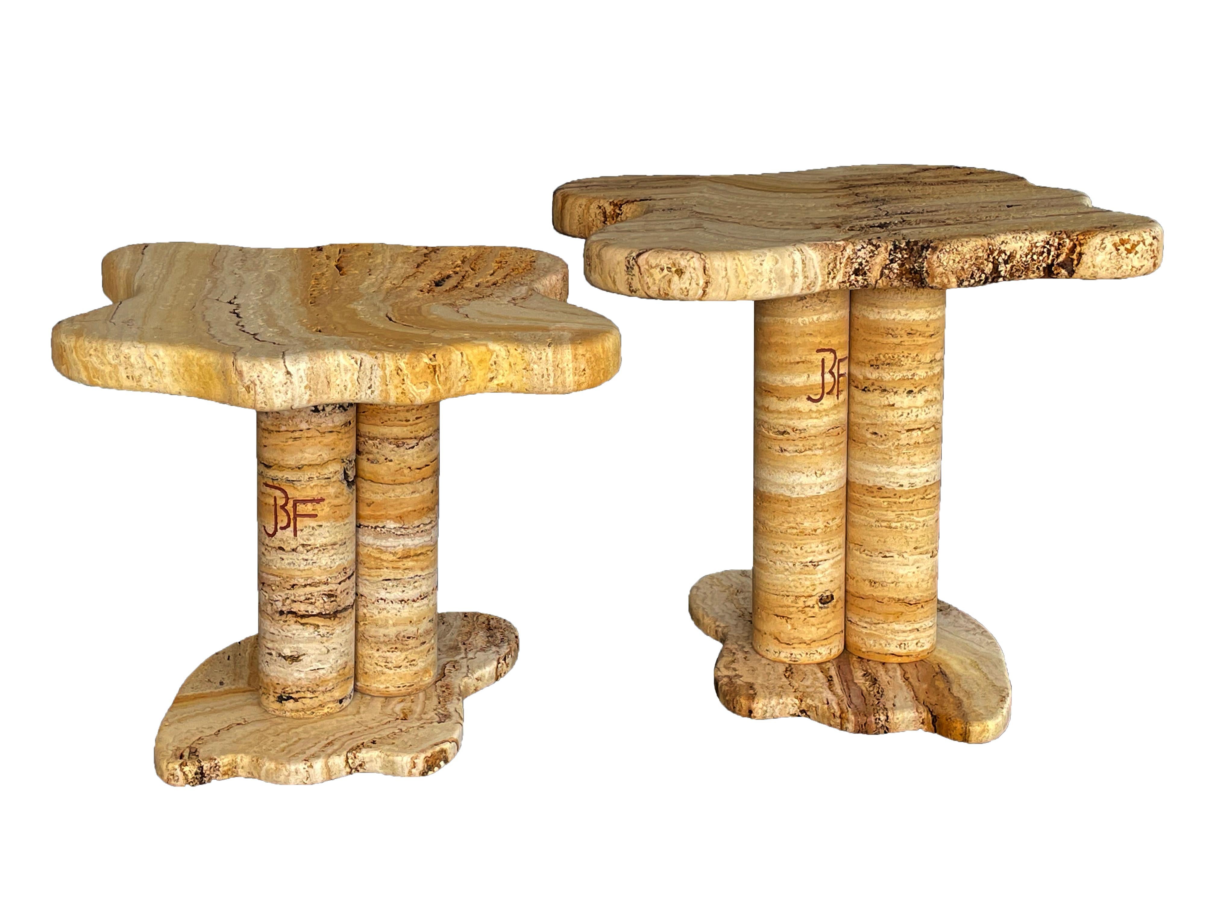 Pair of Side Tables by Jean Frédérique Bourdier
Handcrafted by French artist Jean Frédérique Bourdier, this pair of side tables showcases exceptional craftsmanship and refined materials. The marble tops remain in their original cork tone, featuring
