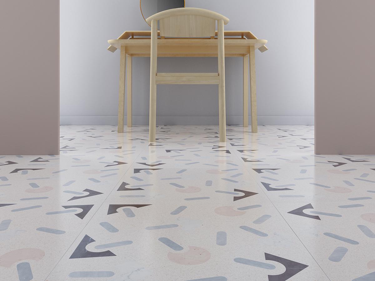 Floor tiles Terrazzo - Sventola decor
Fantasy with wide surfaces recalling the fresh summer traditional fans which in the Venice area are called “sventola”. Made from Bardiglio, Rosa Perlino, Carrara White and Grafite.

Personalization
The
