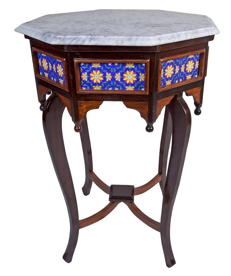 Rosewood side tables in an octagonal shape with blue and yellow tiles with a floral motif. The tops are white marble with beautiful gray veining and beveled edges. Subtle bordering around the tiles is teak. Curved and tapered legs, 1970s, English.