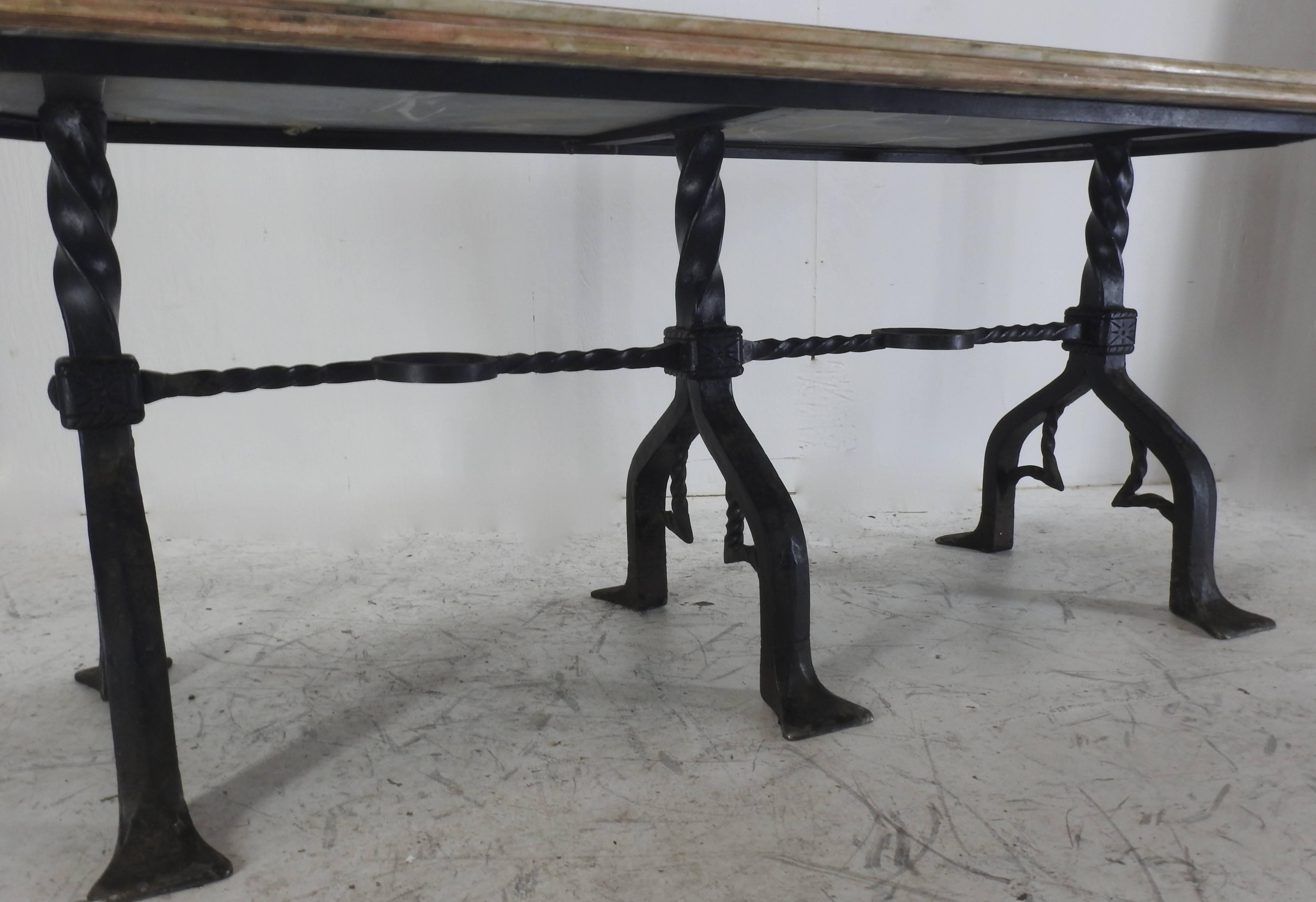 Marble-Top Banker's Table with Wrought Iron Base by Samuel Yellin For Sale 3