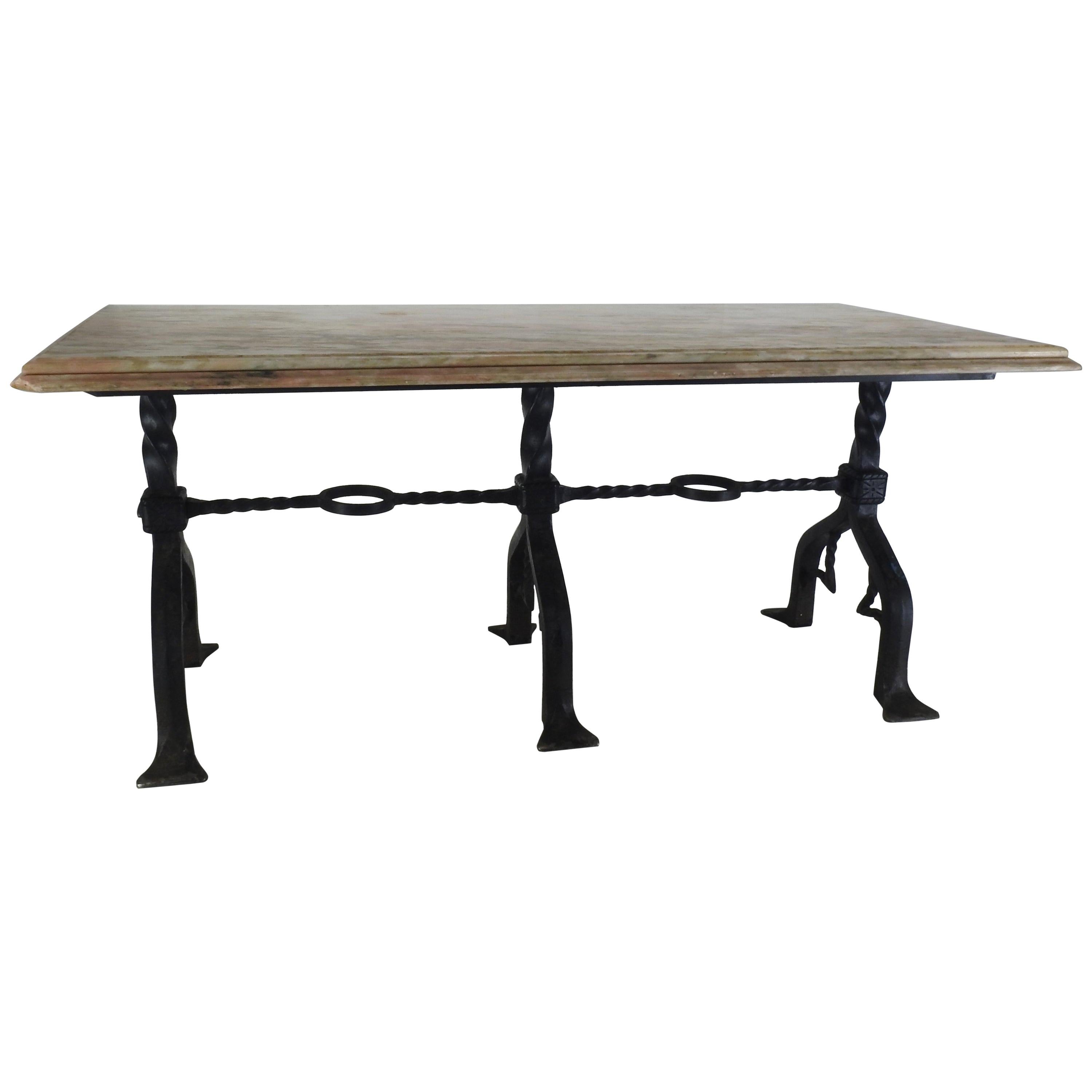 Marble-Top Banker's Table with Wrought Iron Base by Samuel Yellin For Sale