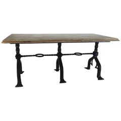 Antique Marble-Top Banker's Table with Wrought Iron Base by Samuel Yellin