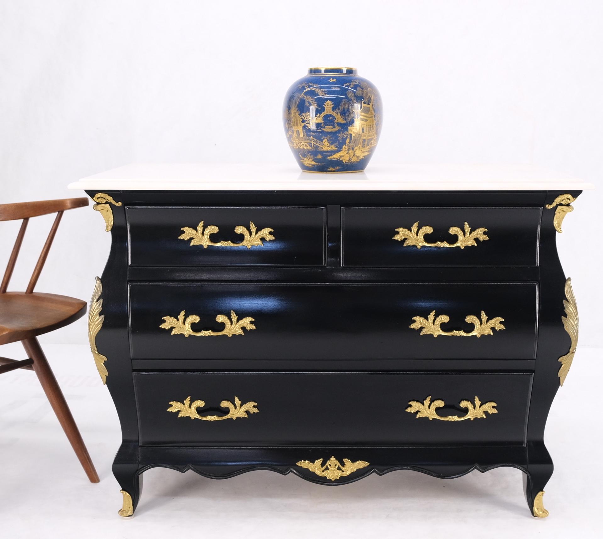 Marble Top Black Lacquer Brass Mounts 4 Drawer Bombay Dresser Chest Drawers Mint For Sale 3