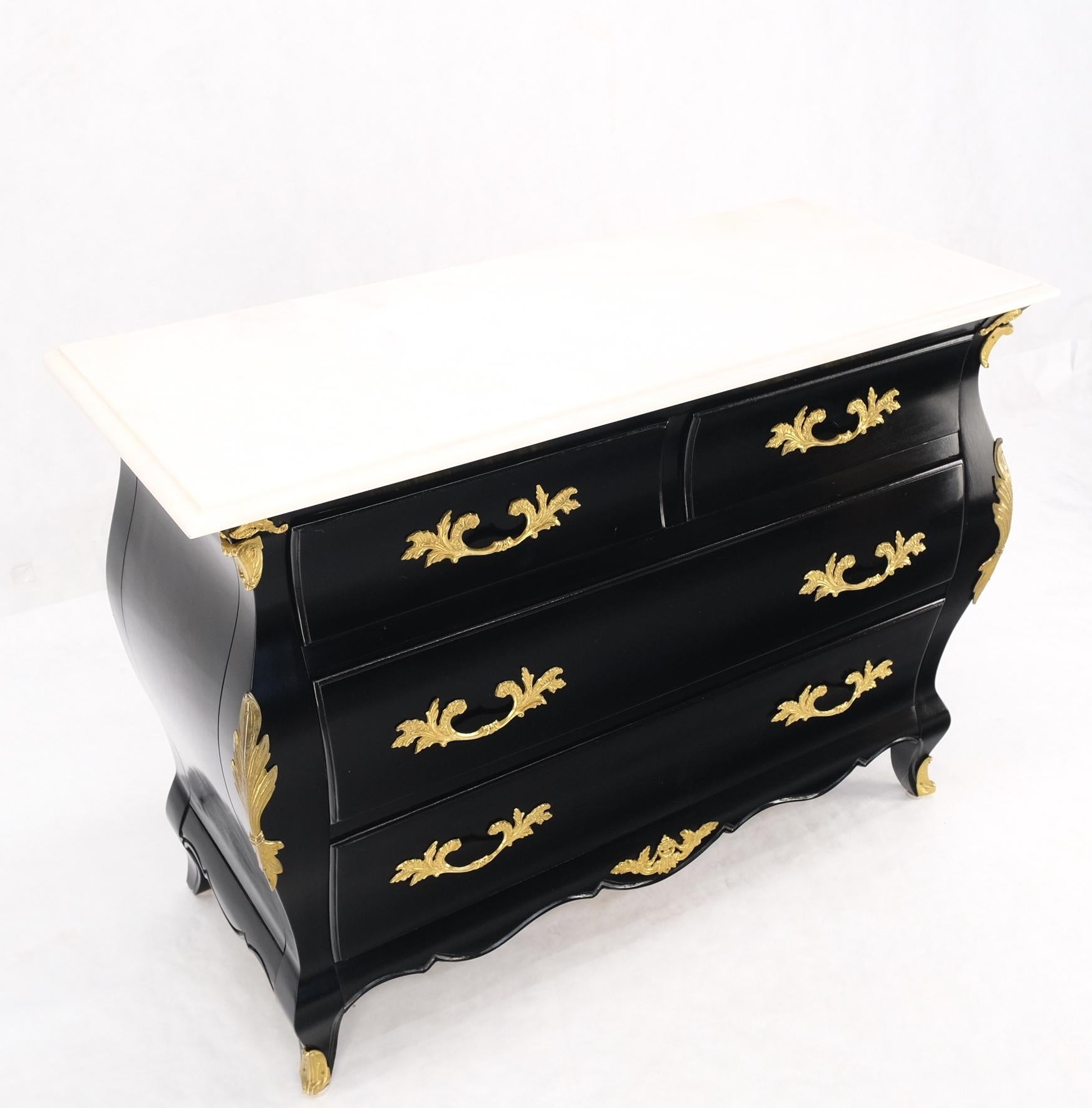 Marble Top Black Lacquer Brass Mounts 4 Drawer Bombay Dresser Chest Drawers Mint For Sale 6