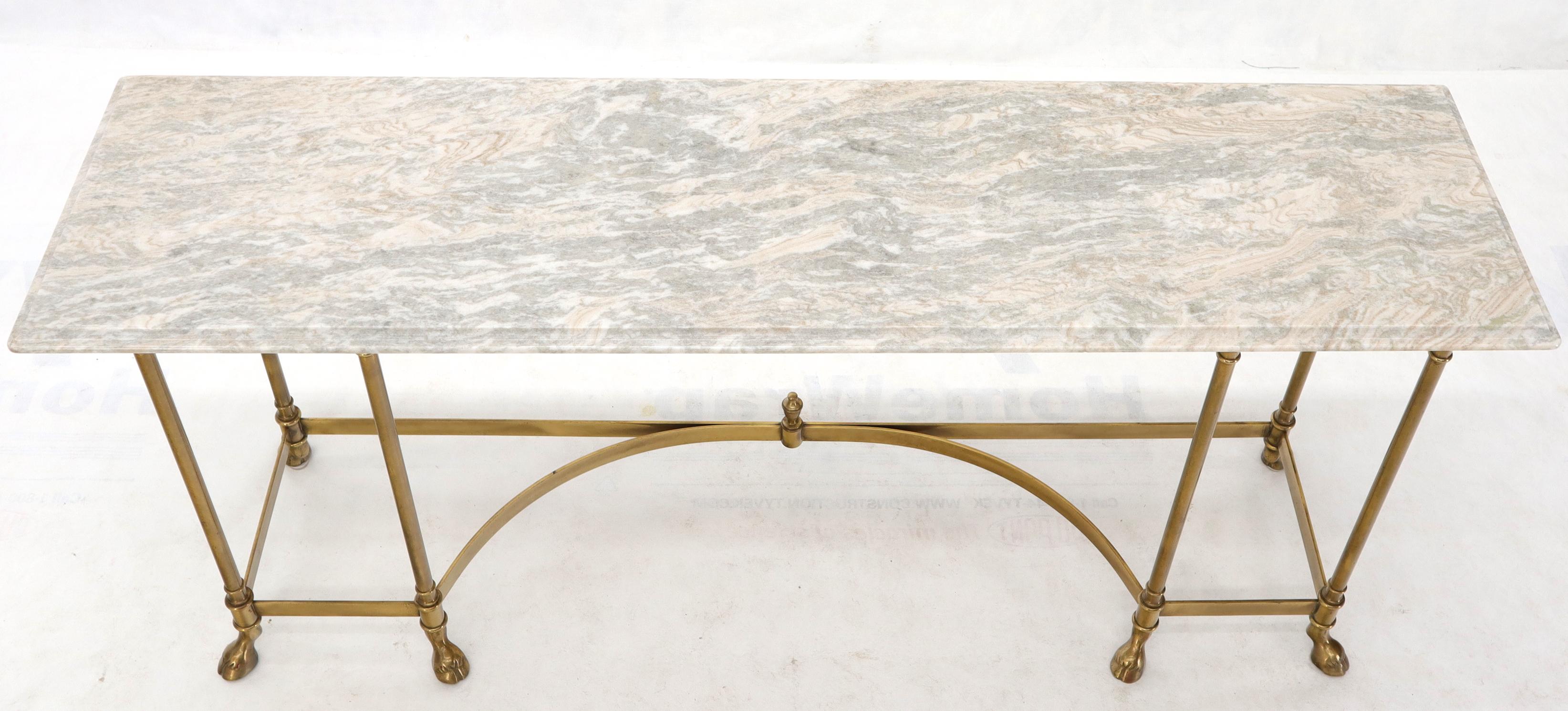 Marble Top Brass Hoof Foot Base Arch Stretcher Console Sofa Table Midcentury 5