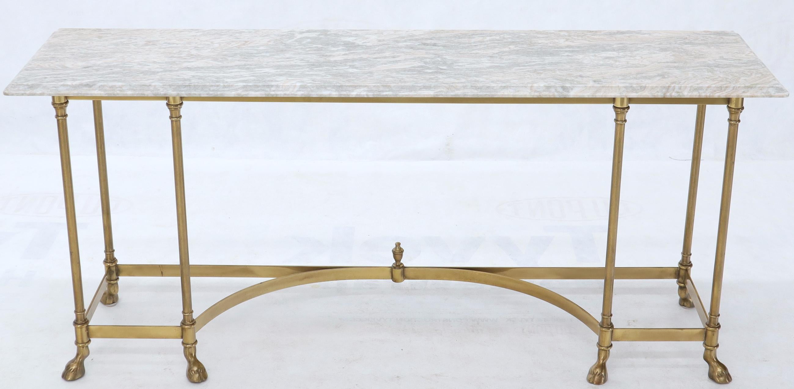Mid-Century Modern Marble Top Brass Hoof Foot Base Arch Stretcher Console Sofa Table Midcentury