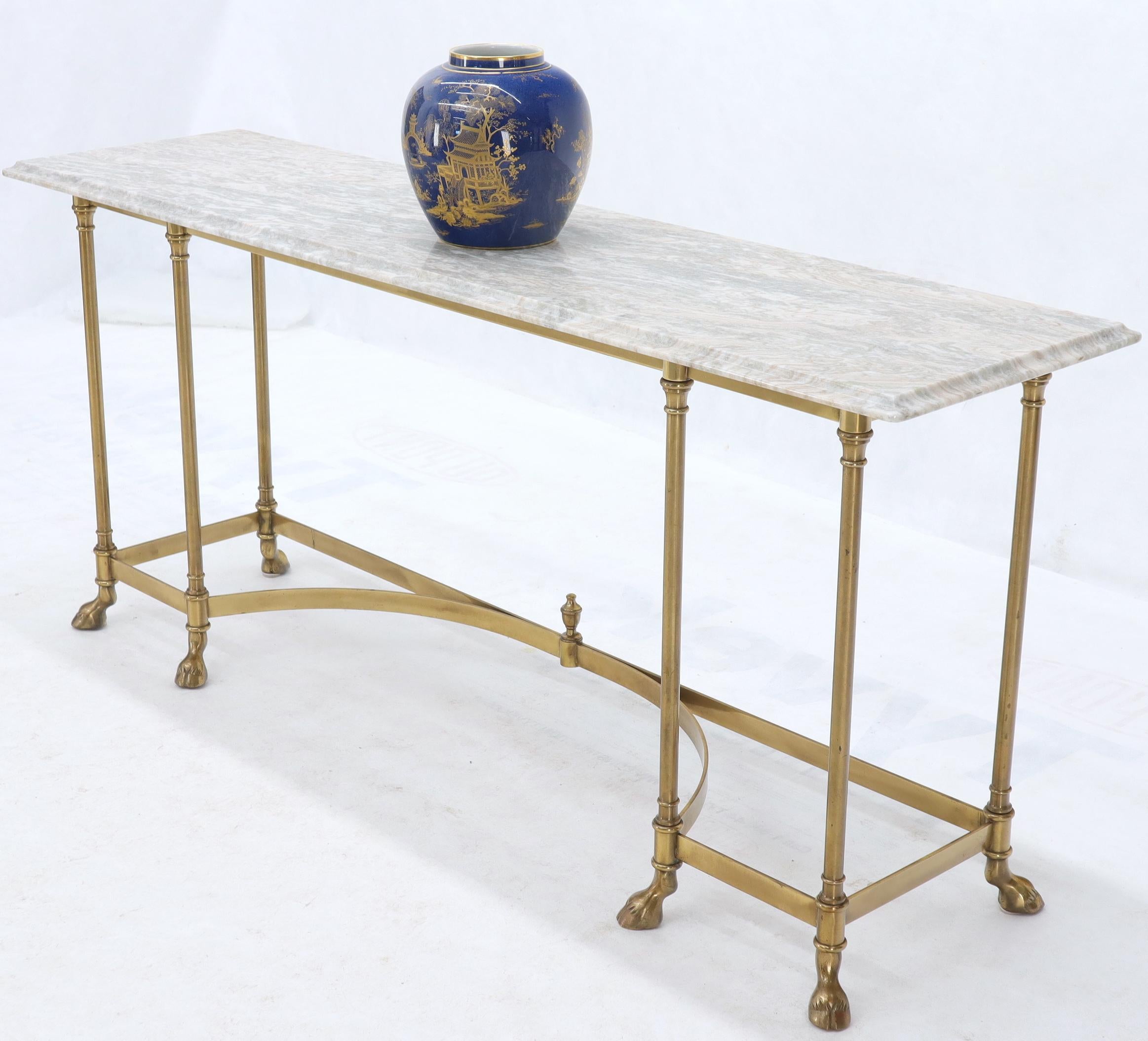 Italian Marble Top Brass Hoof Foot Base Arch Stretcher Console Sofa Table Midcentury