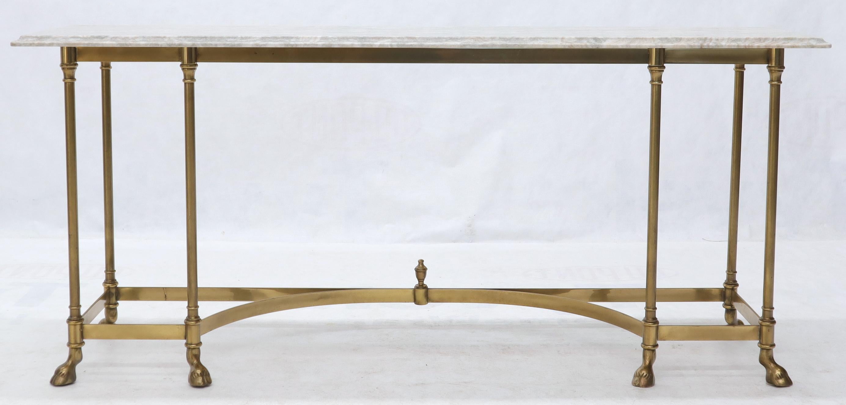 20th Century Marble Top Brass Hoof Foot Base Arch Stretcher Console Sofa Table Midcentury