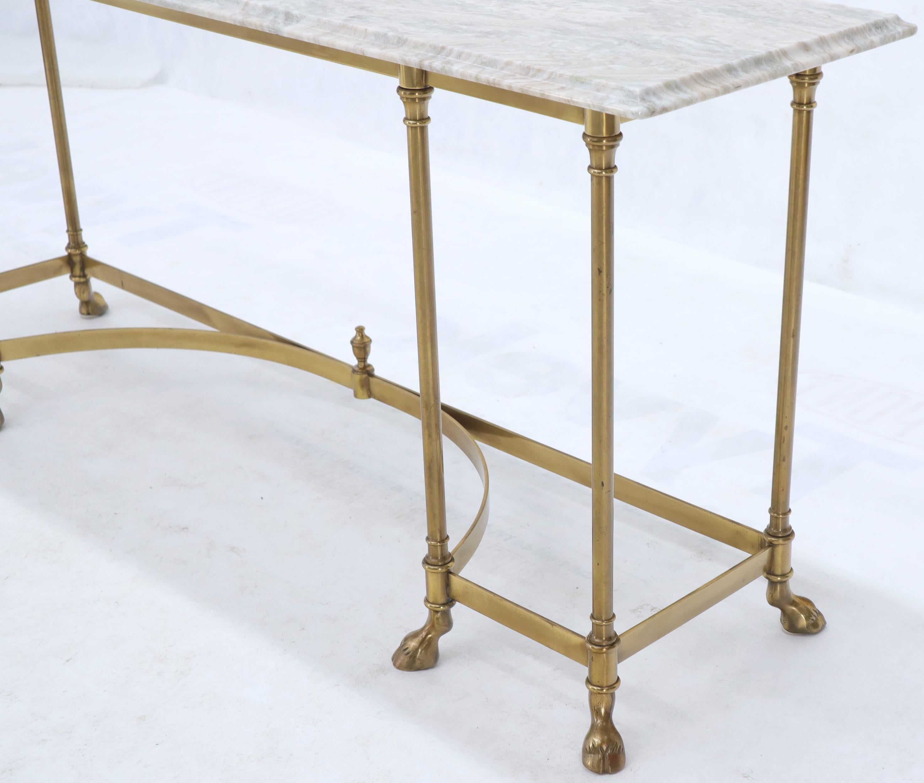 Marble Top Brass Hoof Foot Base Arch Stretcher Console Sofa Table Midcentury 1