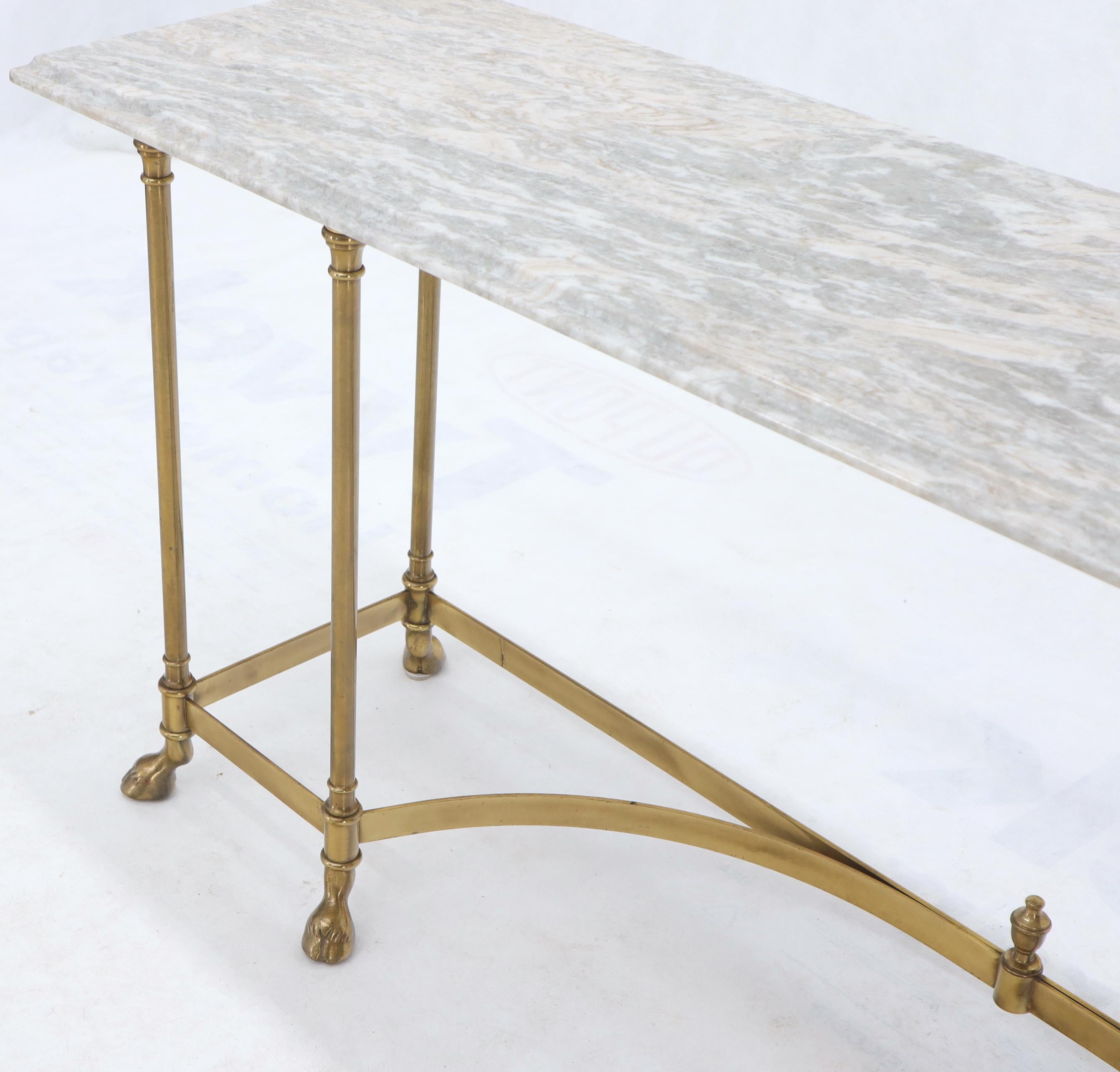 Marble Top Brass Hoof Foot Base Arch Stretcher Console Sofa Table Midcentury 2