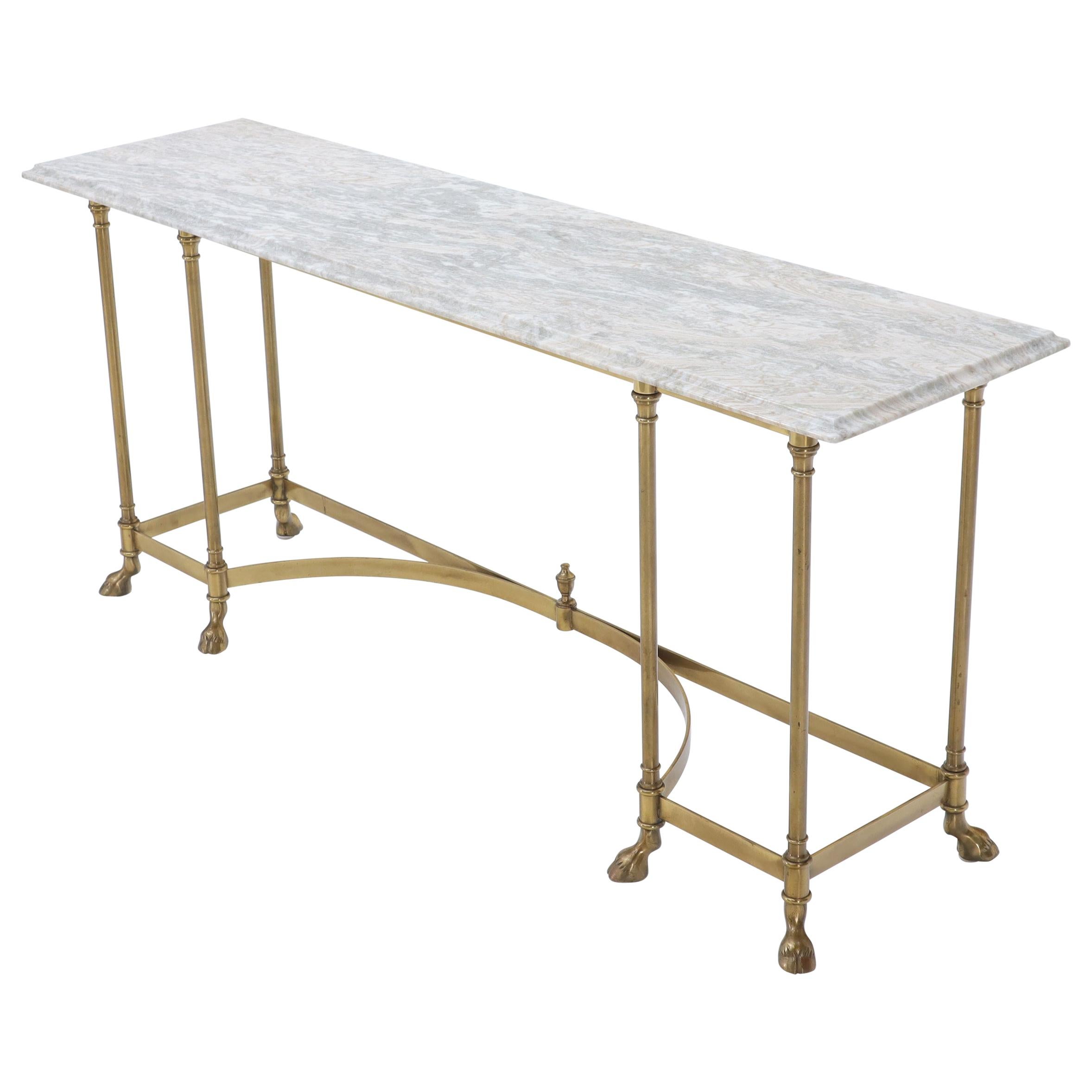 Marble Top Brass Hoof Foot Base Arch Stretcher Console Sofa Table Midcentury