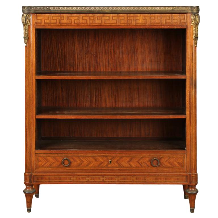 Marble Top Bronze Mounted Bookcase, French, circa 1920 with Greek Key Inlay